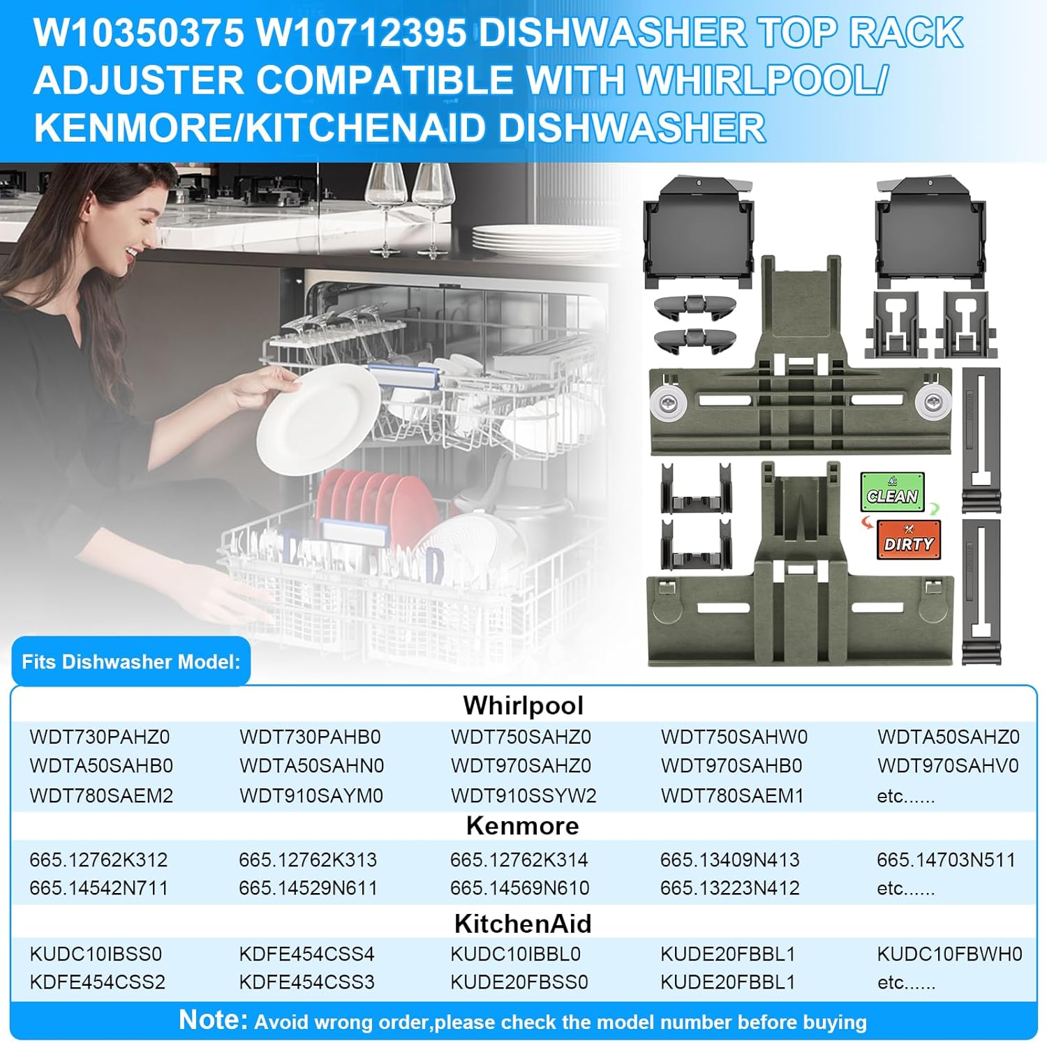(13 Pack) UPGRADED W10350375 Dishwasher Top Rack Parts & W10320664 W10320665 Adjuster Housing for Kenmore Whirlpool Dishwasher Parts WDT730PAHZ0 WDT750SAHZ0 WDTA50SAHZ0 WDT970SAHZ0 Upper Rack Parts