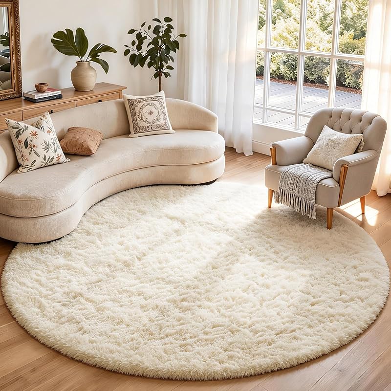 Ophanie Round Rugs 7Ft Ivory Circle Area Rug Washable, Living Room Aesthetic Decor, Fluffy Fuzzy Bedroom Carpet, Plush Soft Shaggy Cream Rugs for Kids Home Decor, Nursery with Over 99 pcs Pile fibers