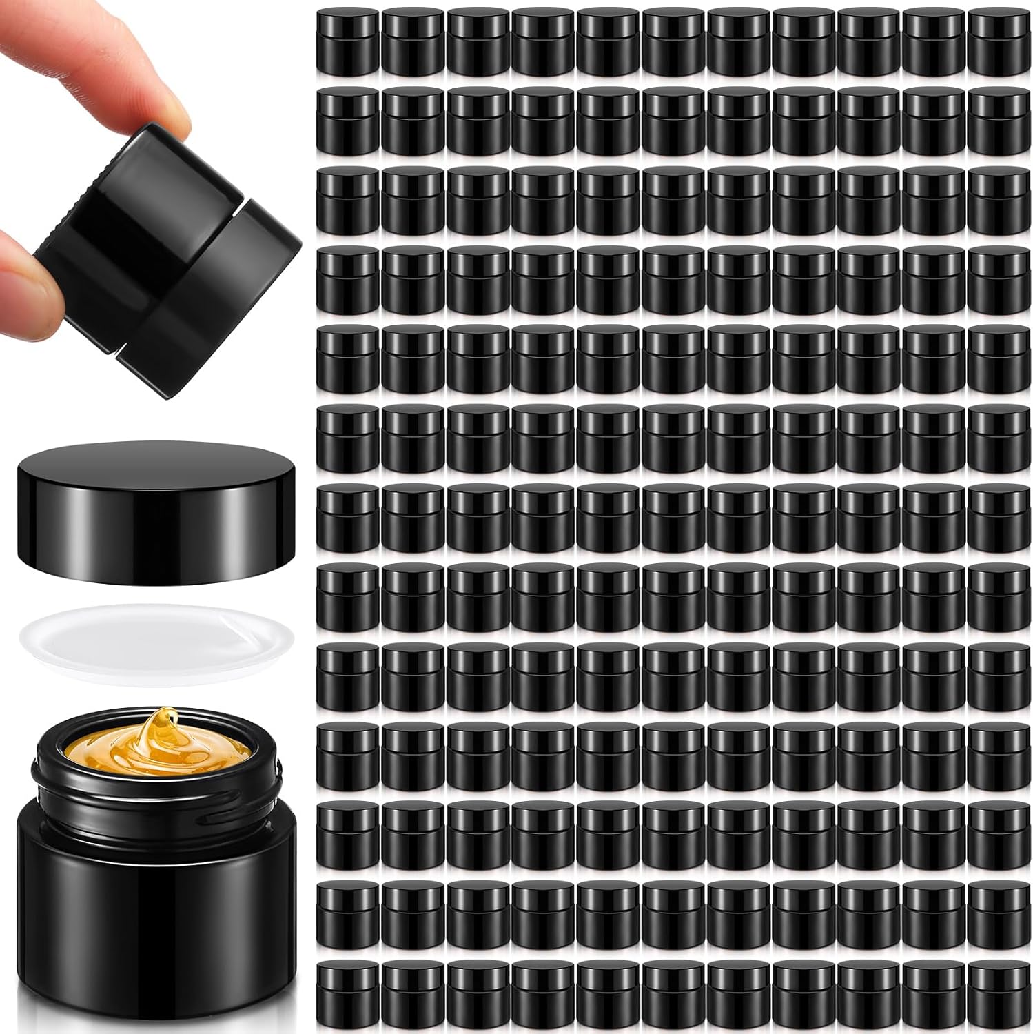 Norme 140 Pack 10ml Glass Cosmetic Jars with Lids, Refillable Sample Containers for Lip Balm, Cream, Lotion, Travel Size, Inner Liner, Wide Mouth(Black)