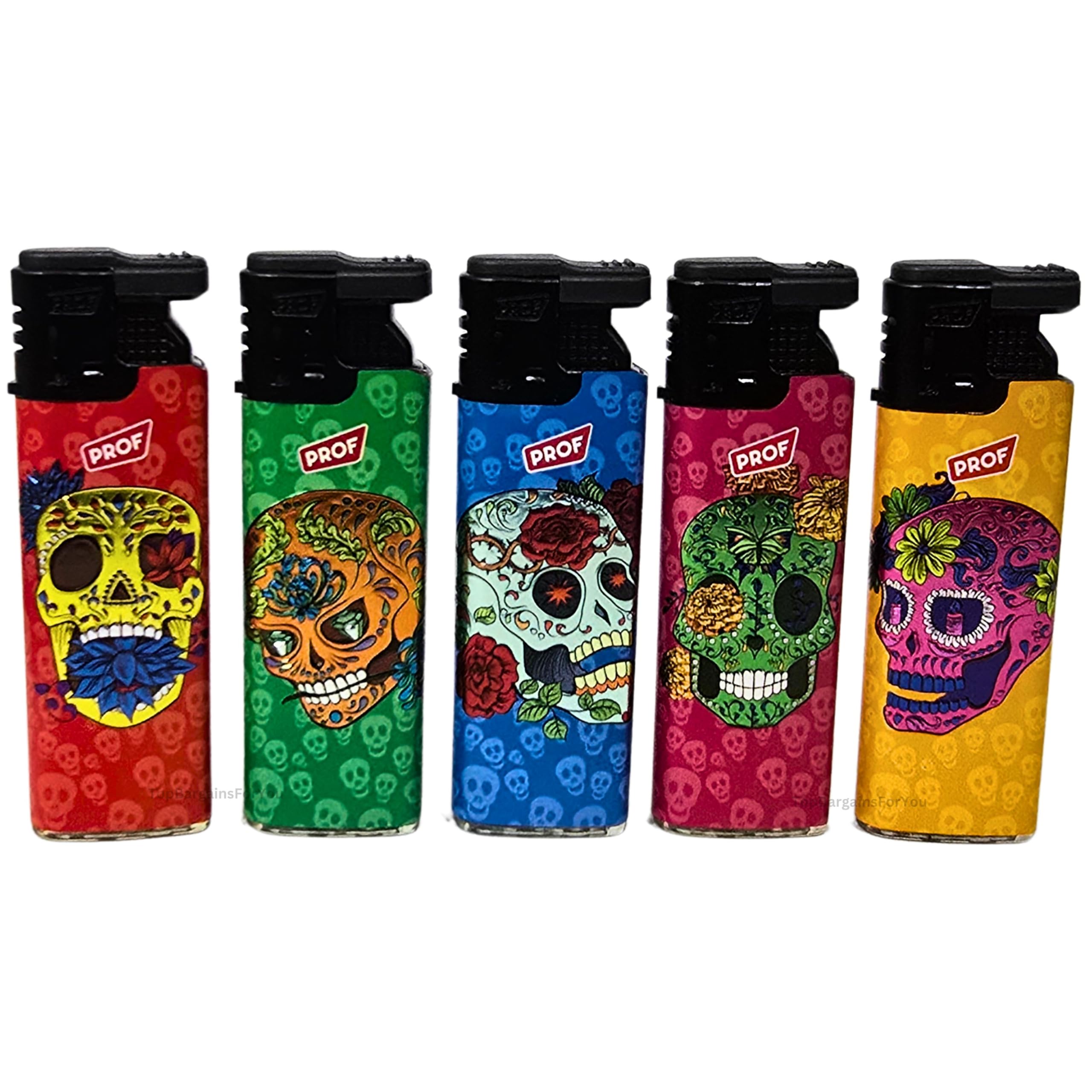 Zactly - 5 x Prof Colourful Windproof Dustproof Jet Lighters Really Powerful – LIMITED EDITION (Bling Flower Skulls)