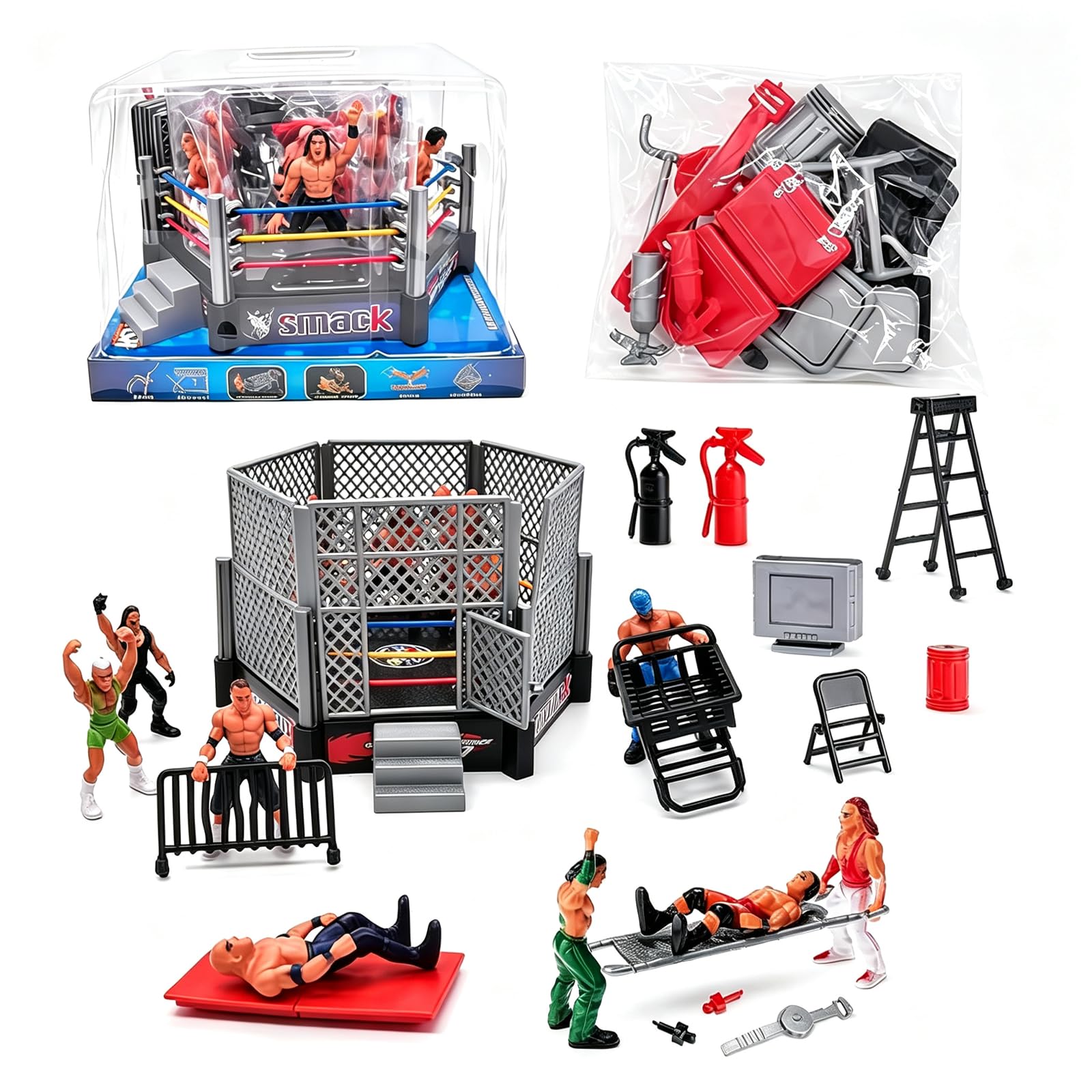 Wrestling Figures Set, 32-Piece Hexagon Ring with 12 Wrestlers