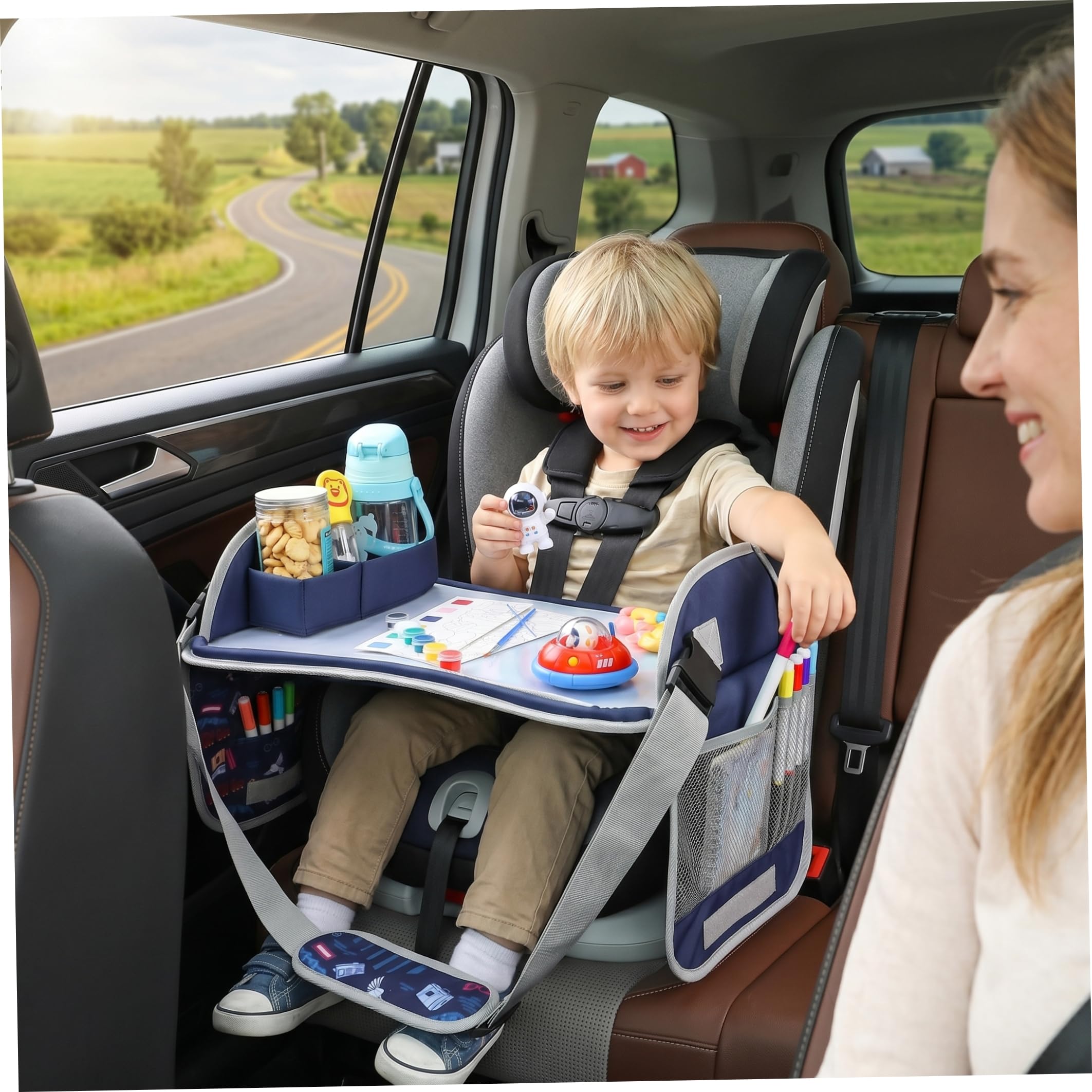 Tavolo per seggiolino auto per bambini, grande vassoio da viaggio regolabile per bambini compatibile con touchscreen in tessuto pieghevole con scomparti portaoggetti, blu