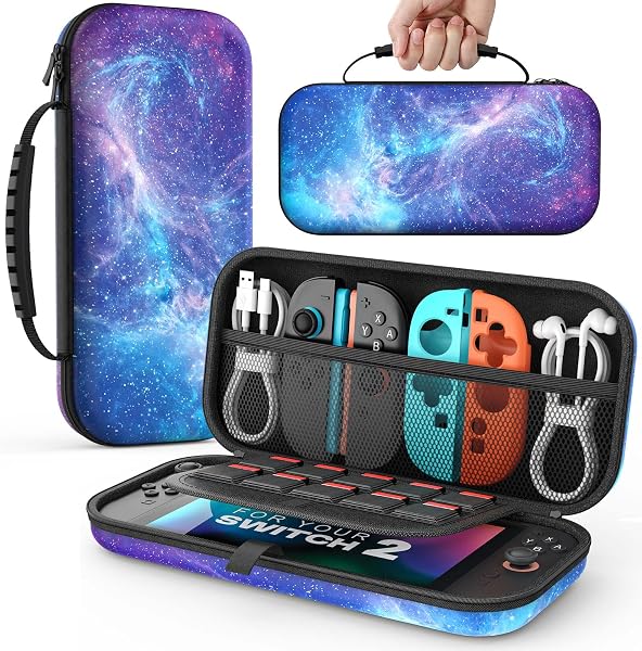 MoKo Carrying Case for Nintendo Switch 2(2025), Protective Hard Shell Portable Travel Carry Case Pouch Holds 10 Cartridges with Pockets for Switch 2 Accessories and Games, Starry Sky - 1