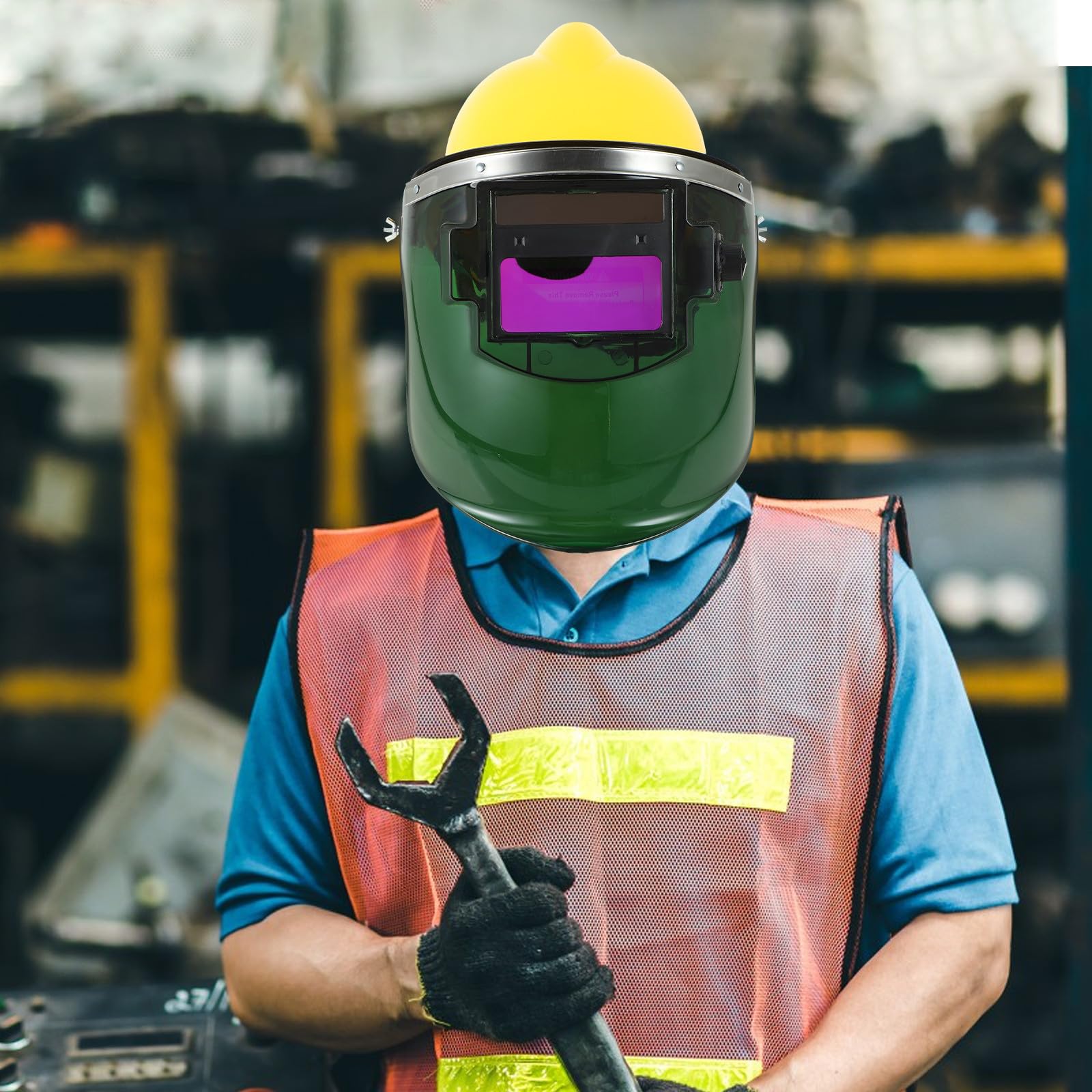 KOMBIUDA Saldatura Autoscurante Solare con Schermo Protettivo Pieno Facciale e Casco di Sicurezza Giallo Automatica Ampio Campo Visivo Rilevatore Alta Efficienza