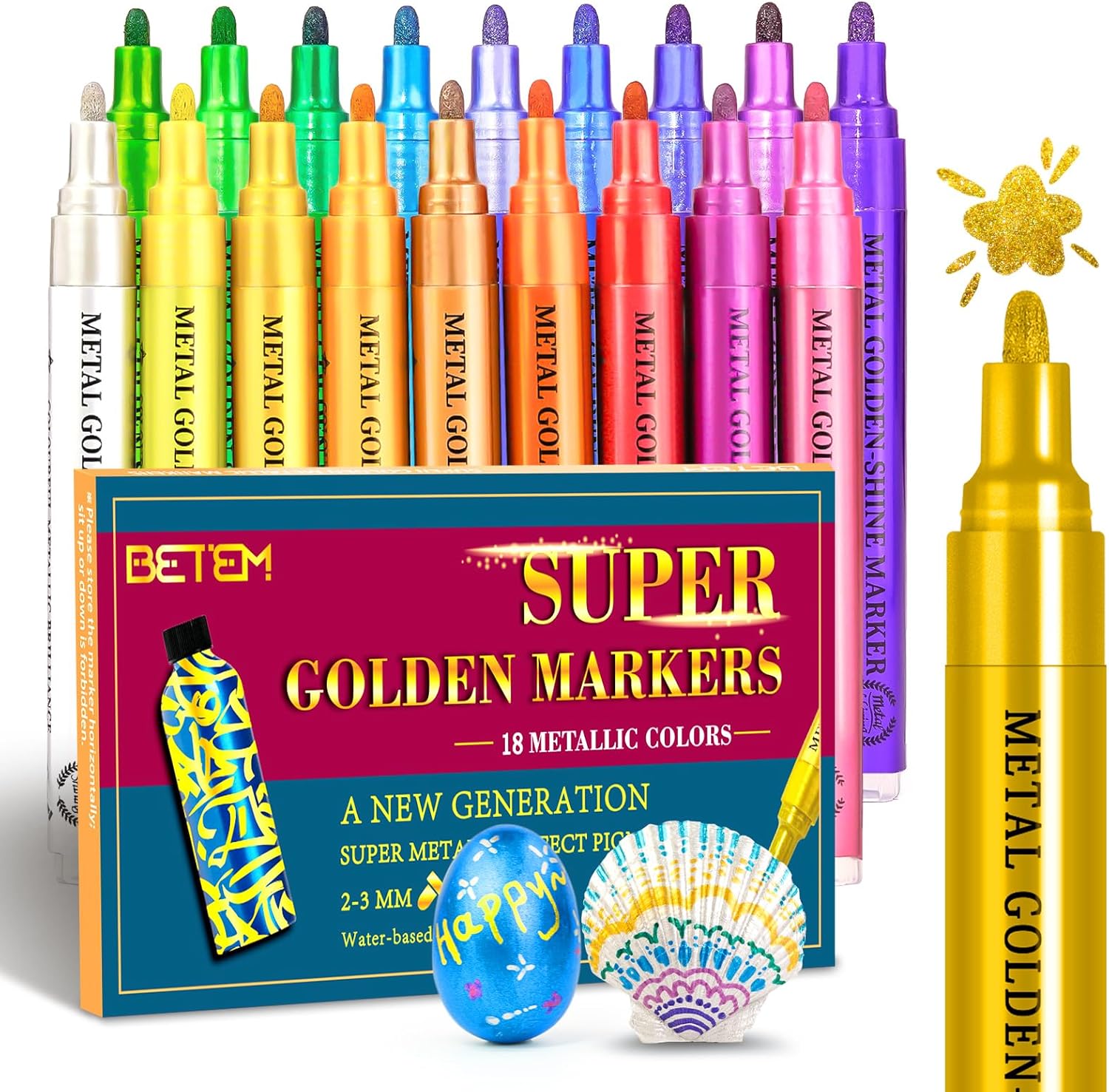 Betem Super Golden Metallic Paint Markers, 18 Colors Metallic Paint Pen Scrapbook Supplies, 2-3mm Medium Tips Glitter Markers for Black Paper, Albums, Rock Painting, Cards, Ceramic, Wood, DIY Crafts