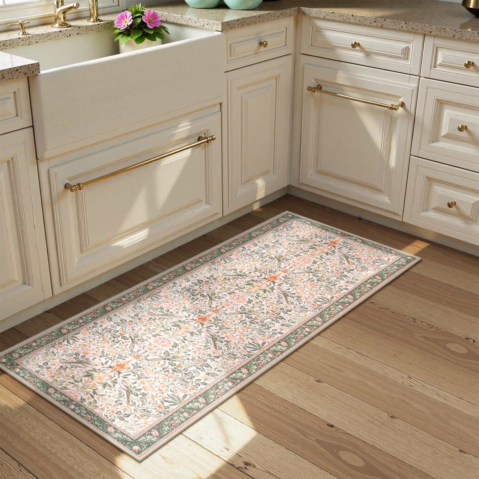 Morebes Boho Living Room Rug 8x10, Washable Kids Playroom Area Rug Non Slip, Soft Large Botanical Flower Indoor Floor Throw Carpet for Bedroom Nursery