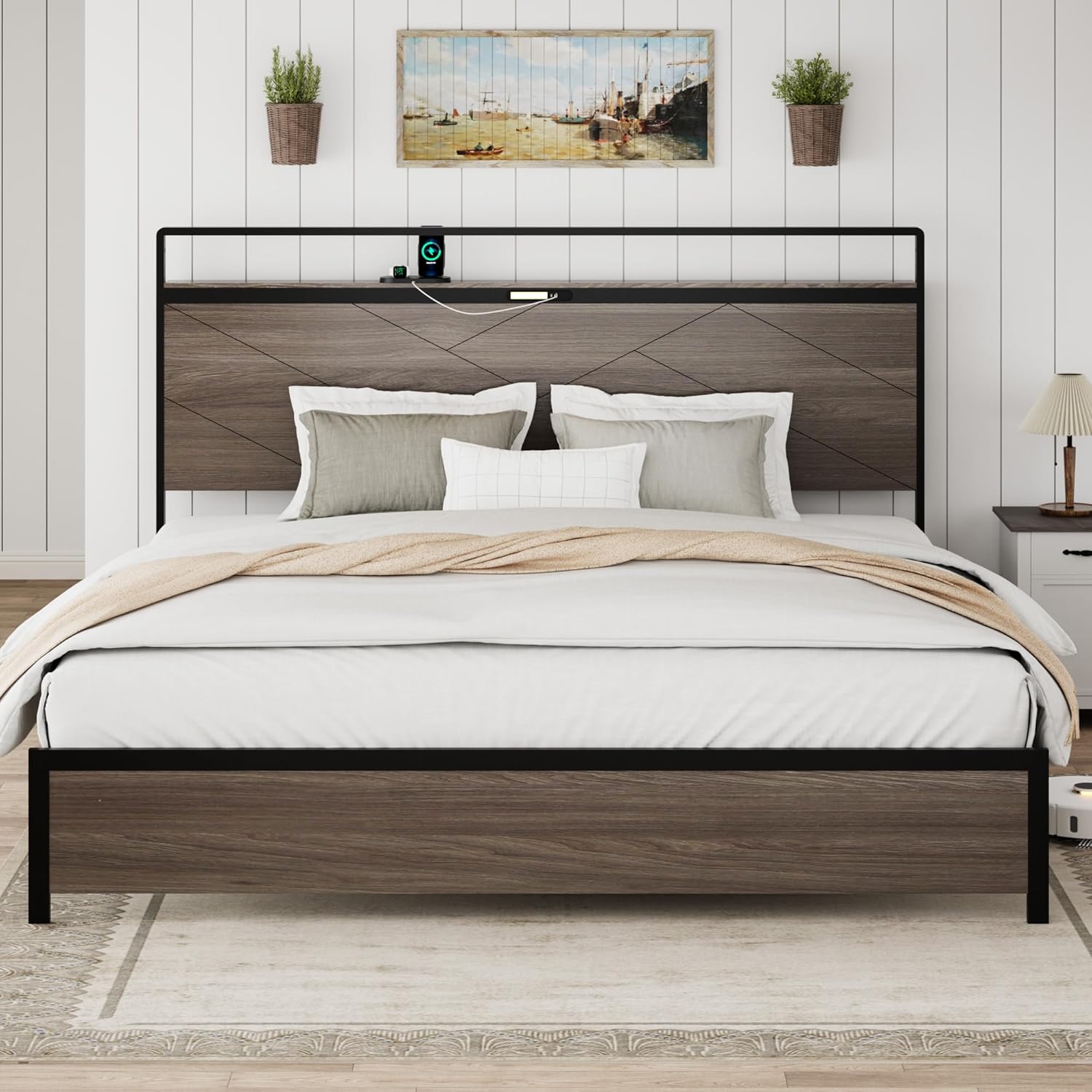 Farmhouse Bed Frame Wooden King Size Bed Frame with Headboard, Industrial Platform Bed with Charging Station and LED Lights, Heavy Duty Metal Slats, No Box Spring Need, Noise Free (Antique Grey)