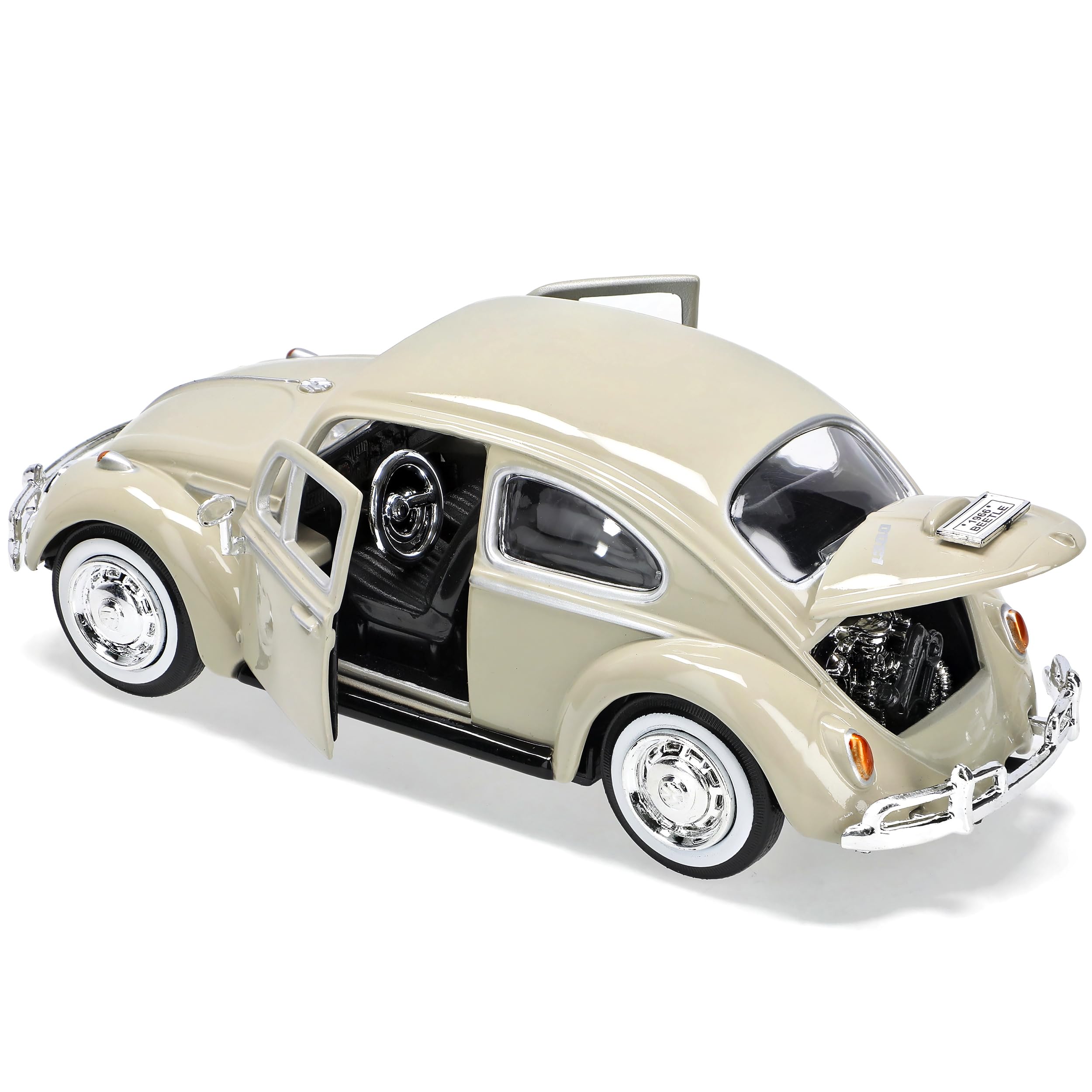 Kins-mart VW Käfer Coupe 1:24 – Beige Cream 1938–2003, Mit Individuellem Wunschkennzeichen, 18 Cm, Metallmodell