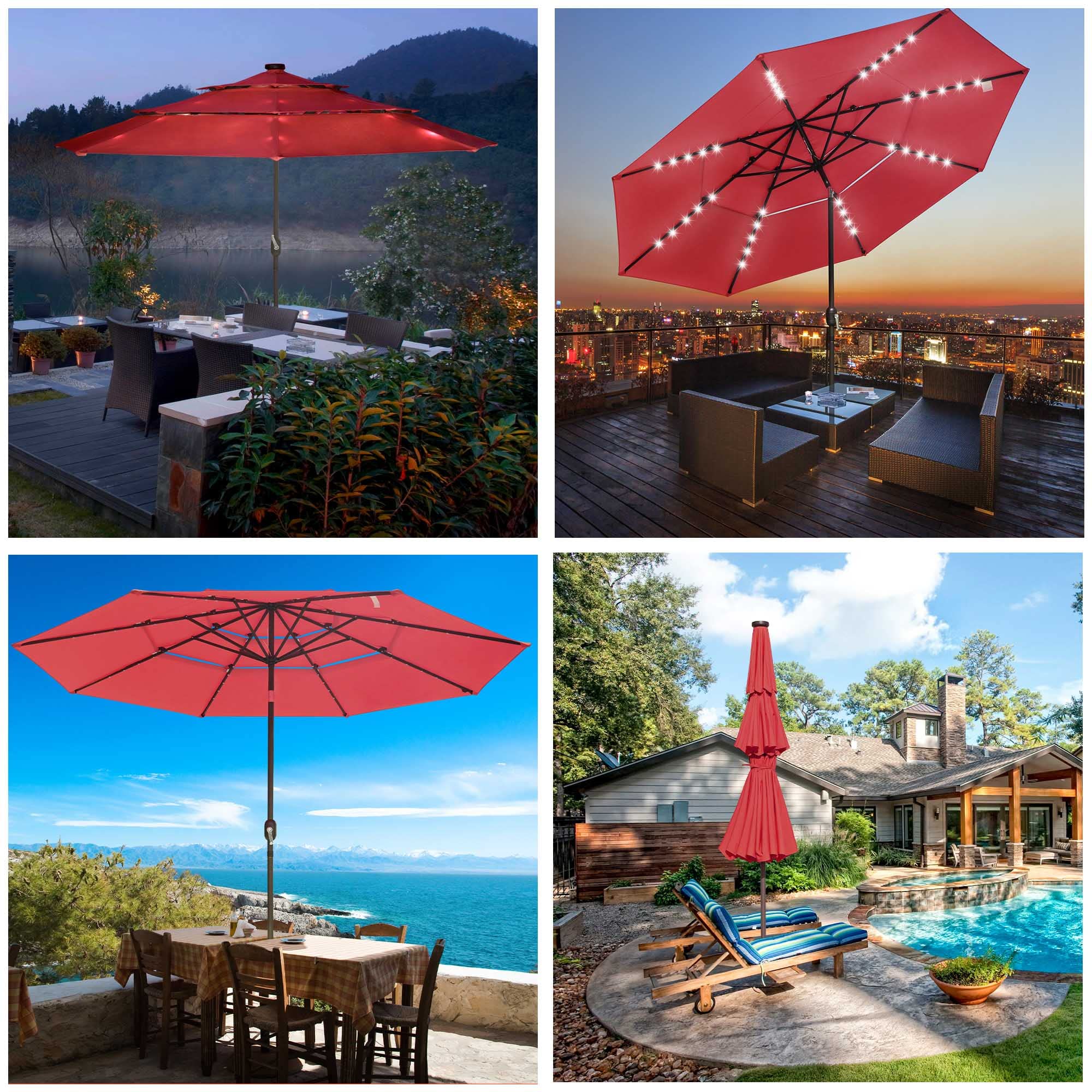 Yescom UV70+ 3-Tiers 11ft Solar Powered LED Patio Umbrella with Crank Tilt for Outdoor Garden Backyard Pool Deck Table Red