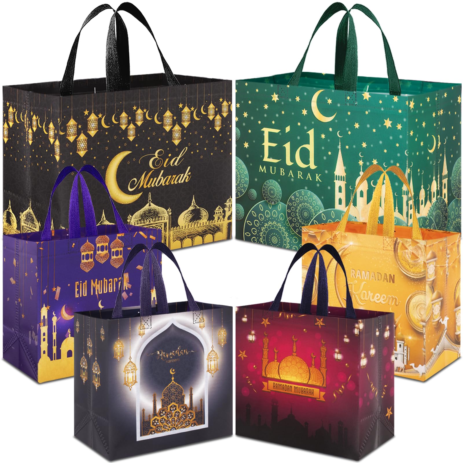AhfuLife 6 PCS Eid Mubarak Gift Bags, 2 Sizes Eid Tote Bag with Handles, Ramadan Party Bags, Includes 2 Large and 4 Medium Non-Woven Bag for Ramadan Kareem Party Supplies