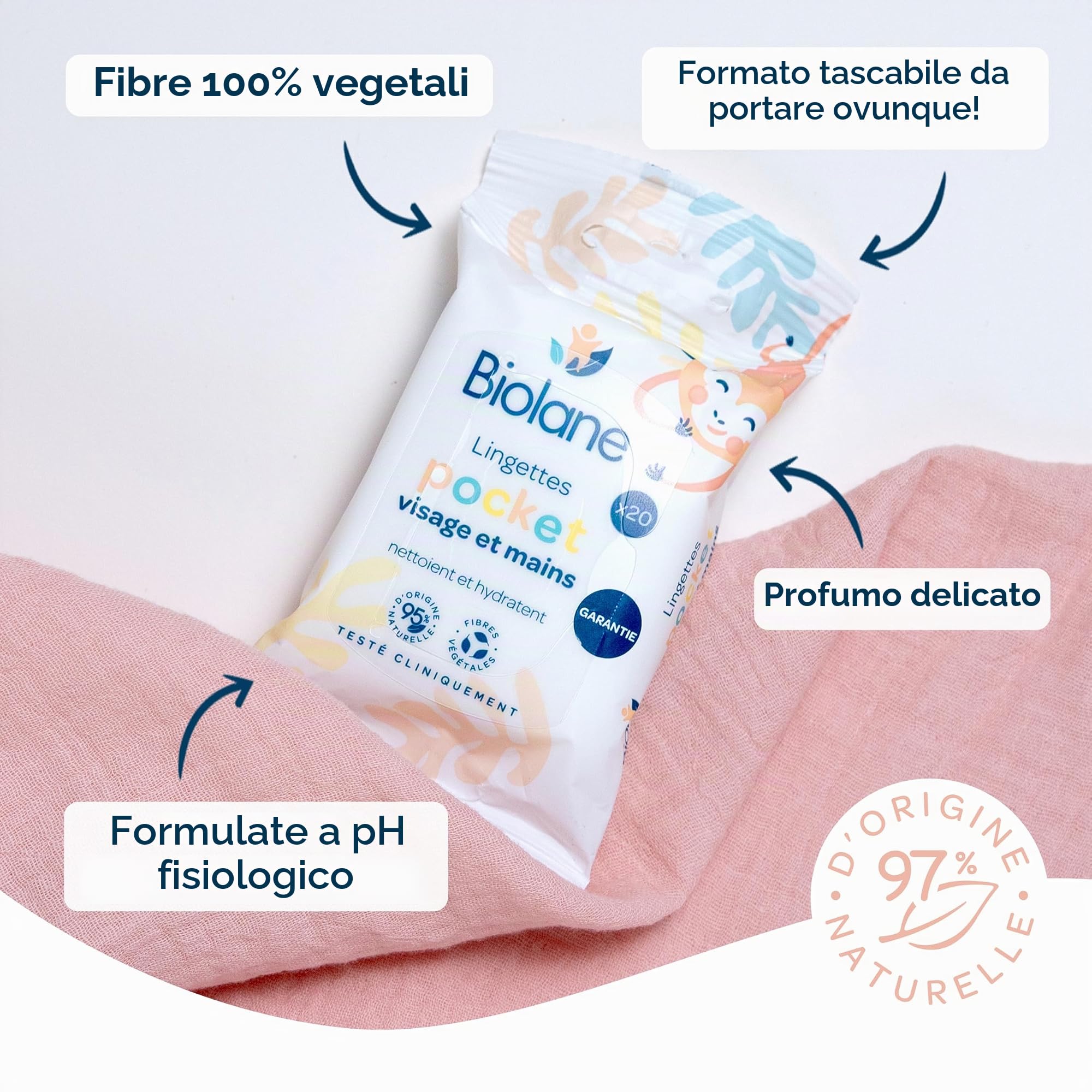 BIOLANE - Confezione da 24 salviette per neonati per viso e mani - 480 salviette detergenti (24 x 20) - Pulisce e protegge - Pelli sensibili - 97% di ingredienti naturali - Made in France