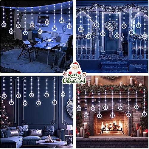 Miniatura 6 de BLOOMWIN Decoraciones navideñas iluminadas para ventana, 10 pies, 120 luces LED de cortina de Navidad con copo de nieve, adornos de carámbanos LED,