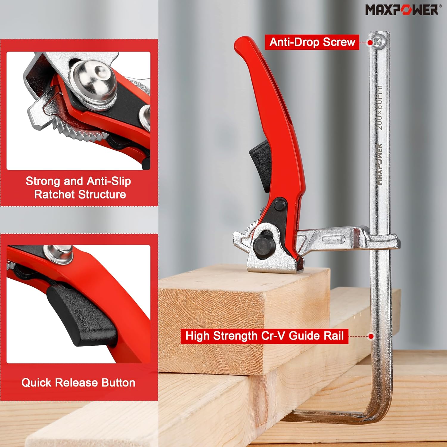 MAXPOWER Ratcheting Table Clamp, Quick Release Clamp For MFT and Guide Rail System, Bar Clamp with 7 7/8" Capacity x 2 3/8" Throat Depth, 530 lbs Clamping Force - 2 Pack