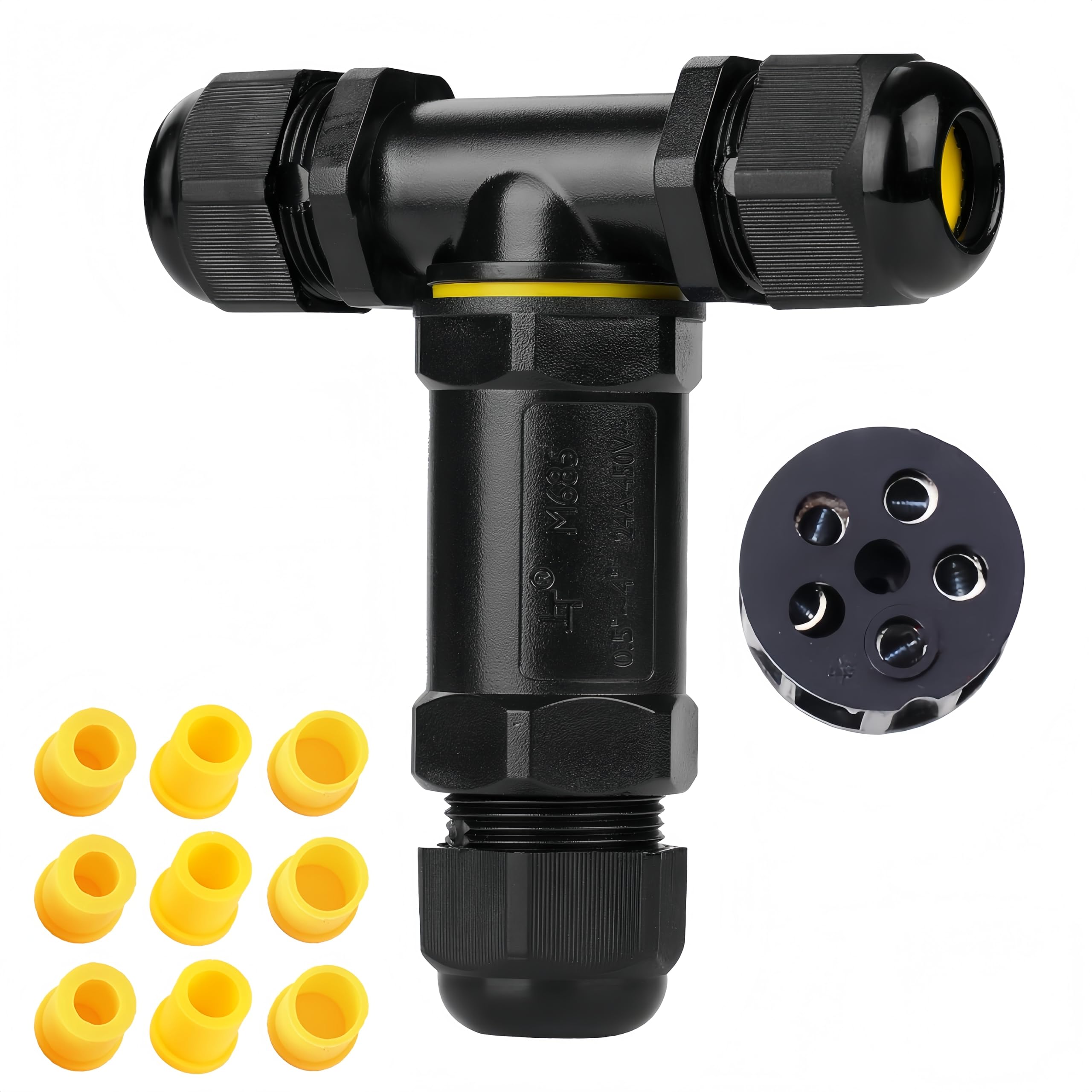 IP68 Waterproof Junction Box Outdoor T-Shape 3way 3Pin (AC450v,32A) M25 Wire Range(4-14mm) Electrical Cable Connector,Suitable for Repair and Extend Power Cables,UL（1Pack）
