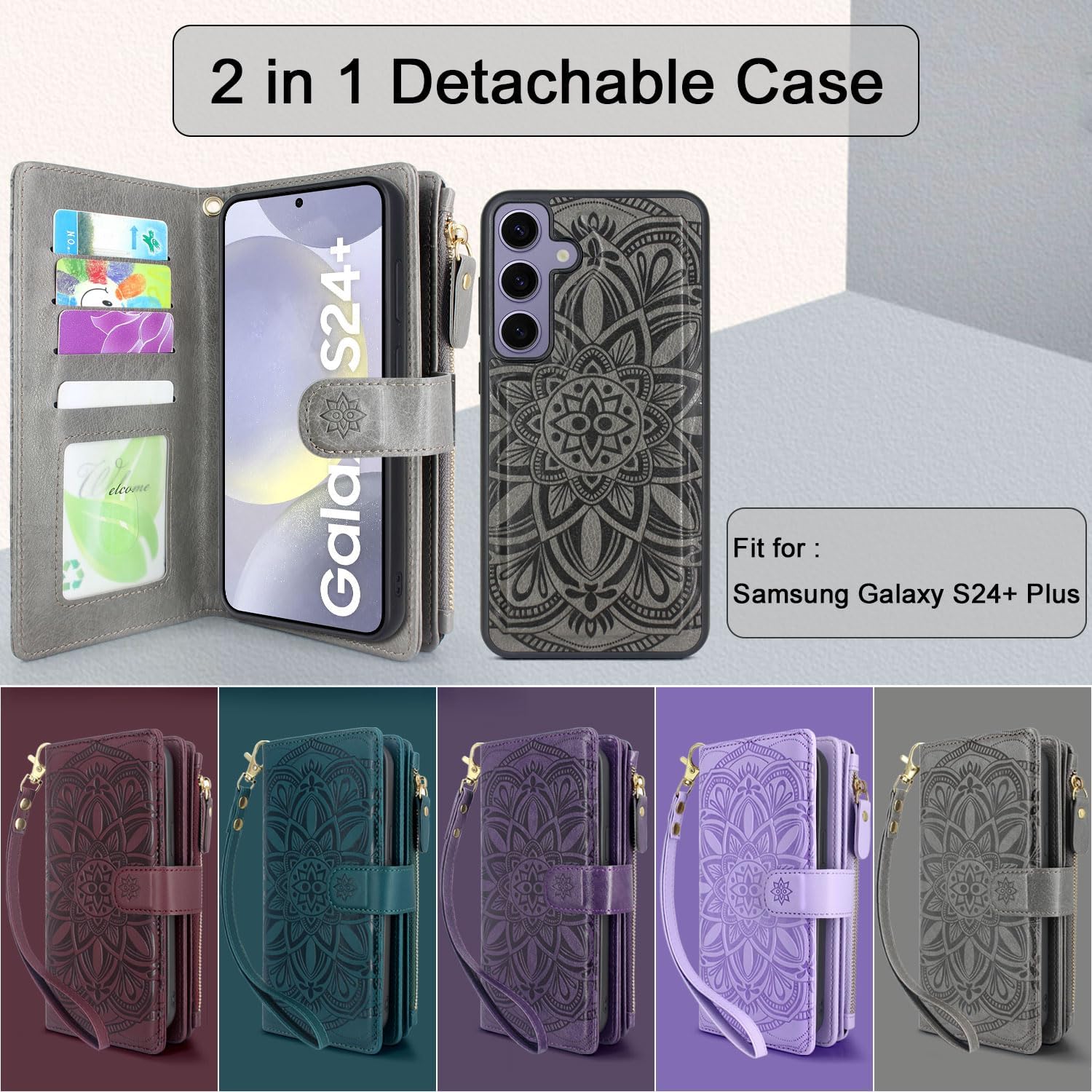 Compatible with Samsung Galaxy S24+ Plus 5G 6.7 inch (2024) Wallet Case with [12 Card Slots] Detachable Removable Phone Cover Cash Coin Zipper Pocket Wrist Strap (Floral Grey)