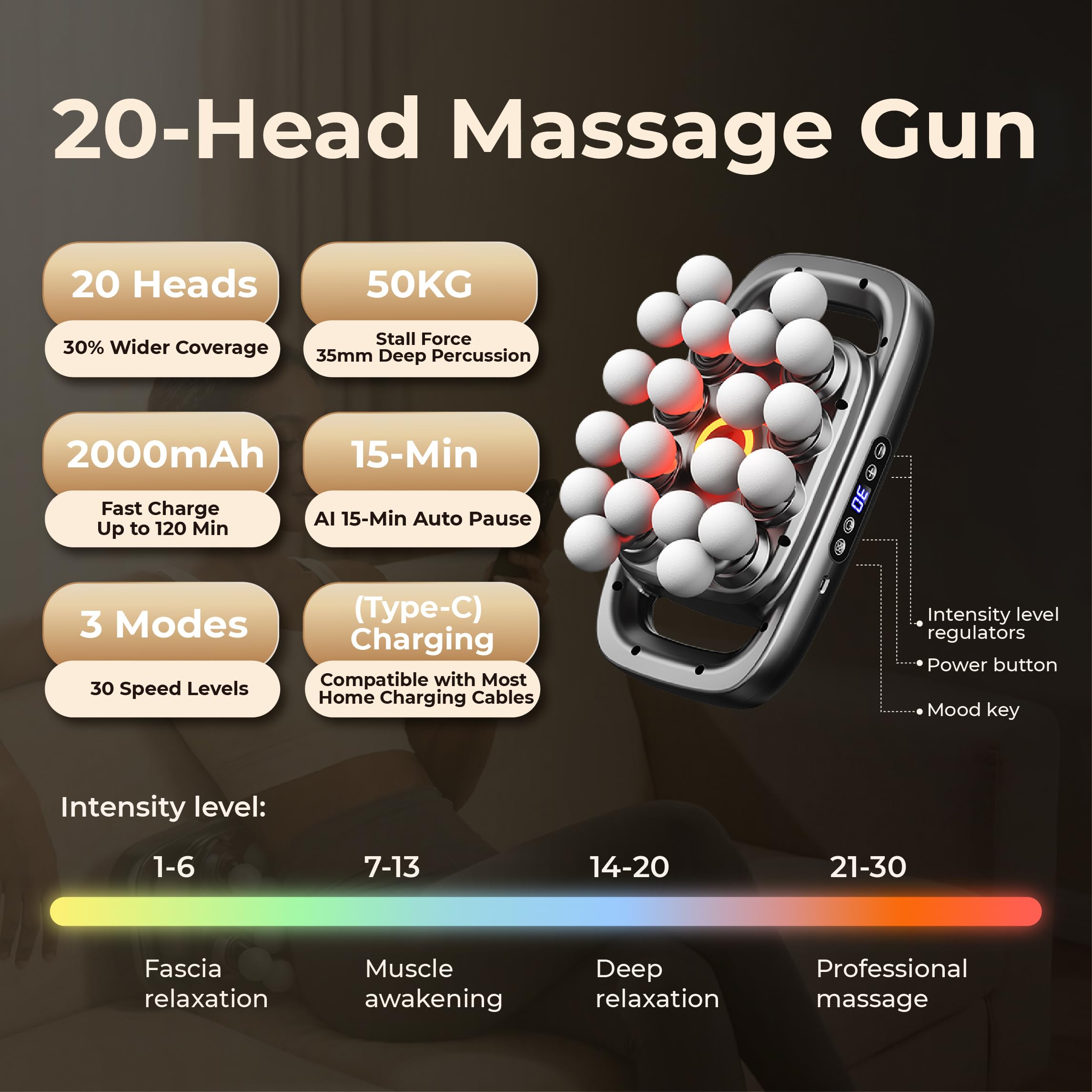 Massagepistole mit 20 Kopfen, Tiefengewebe-Massagepistole zur Muskelschmerzlinderung, leistungsstarkes elektrisches Massagegerät mit 3 Modi, 30 Stufen, leises Handmassagegerät für Rücken, Beine