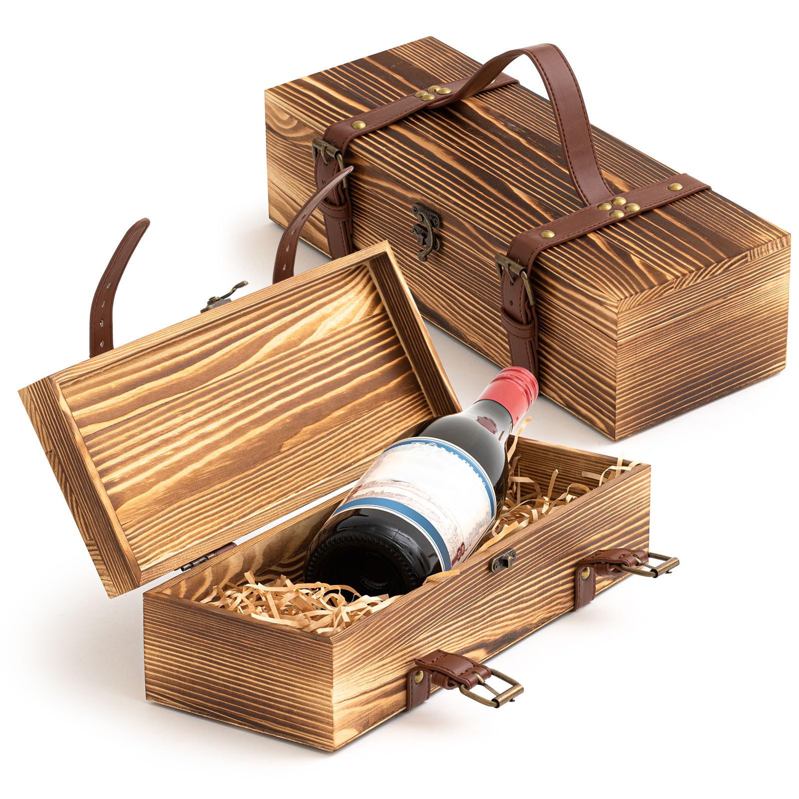 2 Pack Wooden Wine Box Vintage Brown Wine Gift Box Bottle Gift Box Single Bottle Holder with Leatherette Buckle Straps and Locking Latch for Birthdays