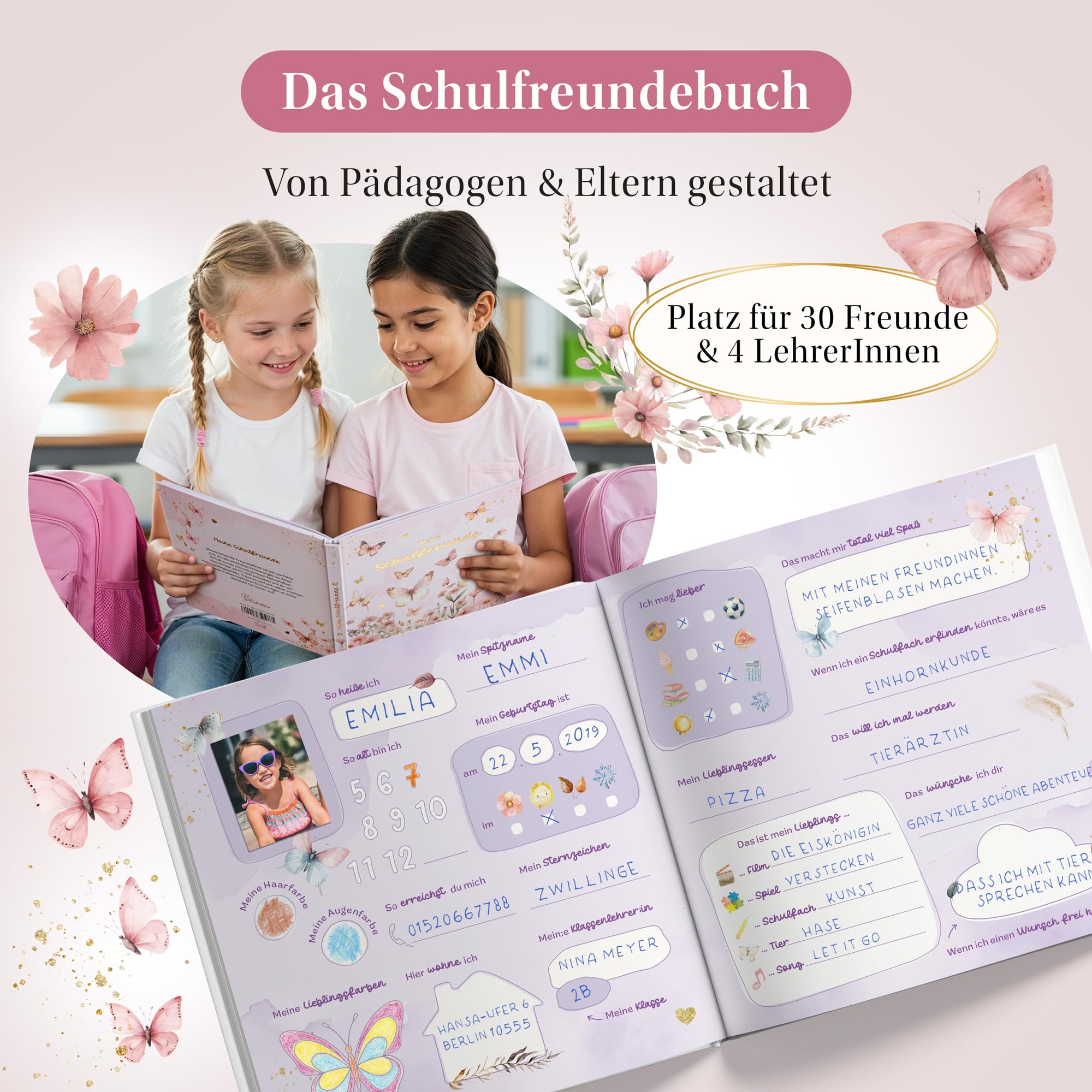 EULENTALER Il libro degli amici della scuola per ragazze, farfalle, disegnato da educatori, farfalle e fiori dipinti a mano, regalo per l'inizio della scuola, goffratura oro, libro degli amici della