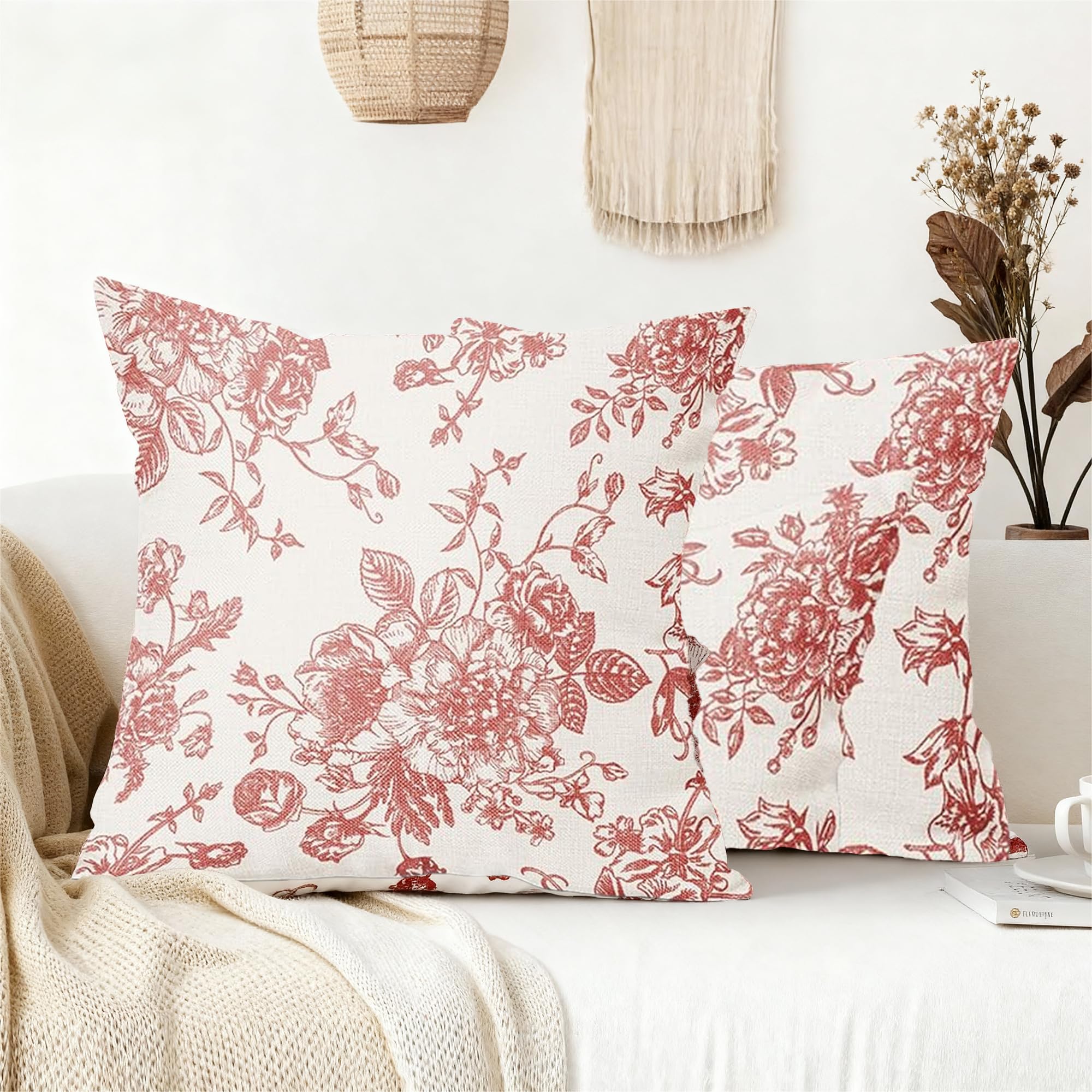 Tivleed Pink Cushion Covers, Pink Cushions, Throw Pillow Cases 45x45cm (18x18 Inch) Set of 2, Decorative Vintage Floral Cushion Covers for Sofa Bed Living Room (Linen-Flower, 2)