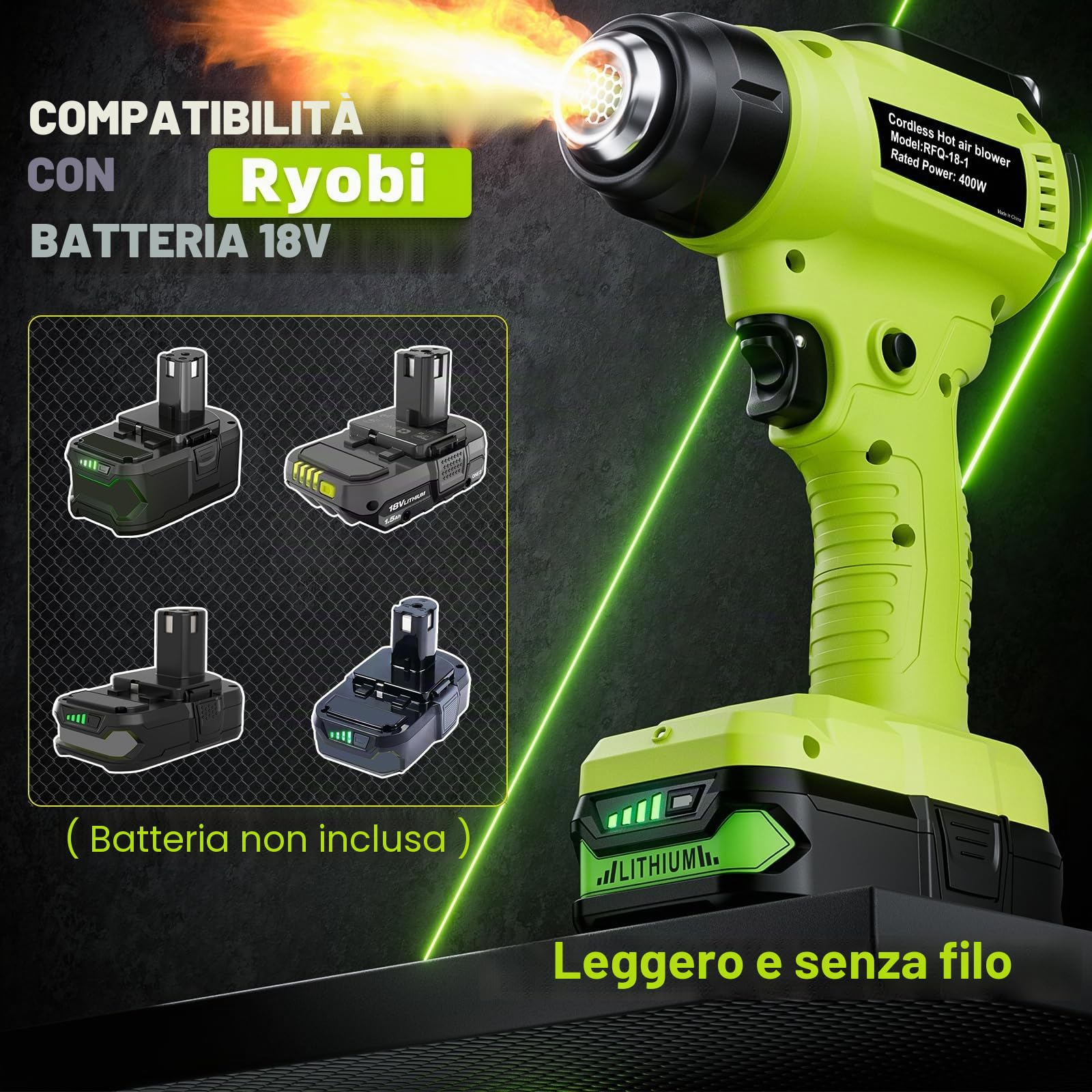 Pistola ad aria calda P108 a batteria per Ryobi 18 V One+ (senza batteria) pistola termica per saldatura, piegatura dei tubi, rimozione del colore, pistola termica con 4 ugelli.
