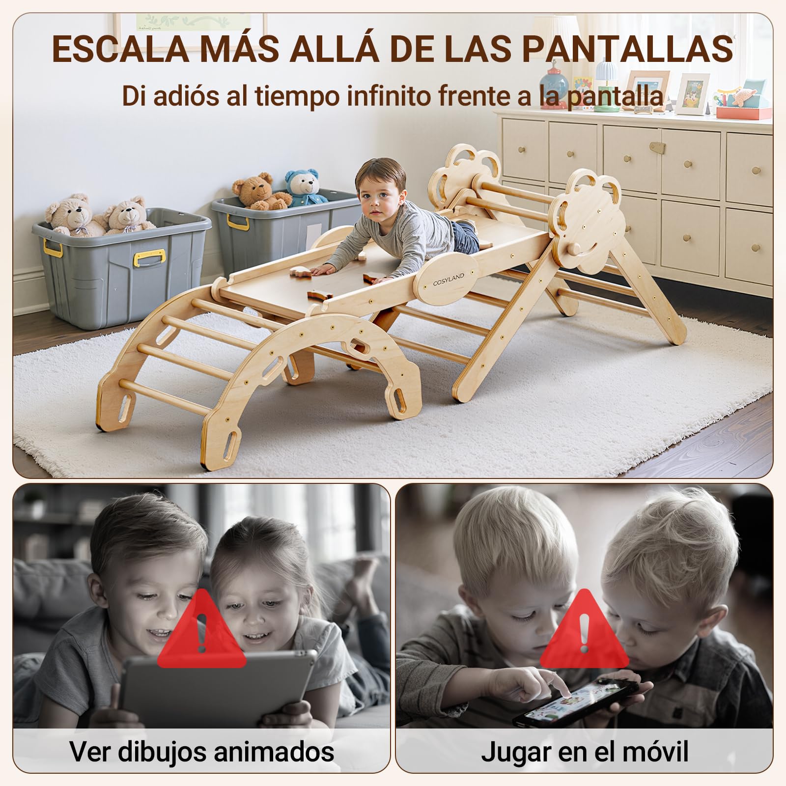 COSYLAND 8 en 1 Triángulo de Escalada Montessori con Arco y Rampa, Set Plegable Infantil, Juguete de Madera Resistente para Interior, Niños 18 Meses-6 años, Natural/Madera Clara, Grande — view 7