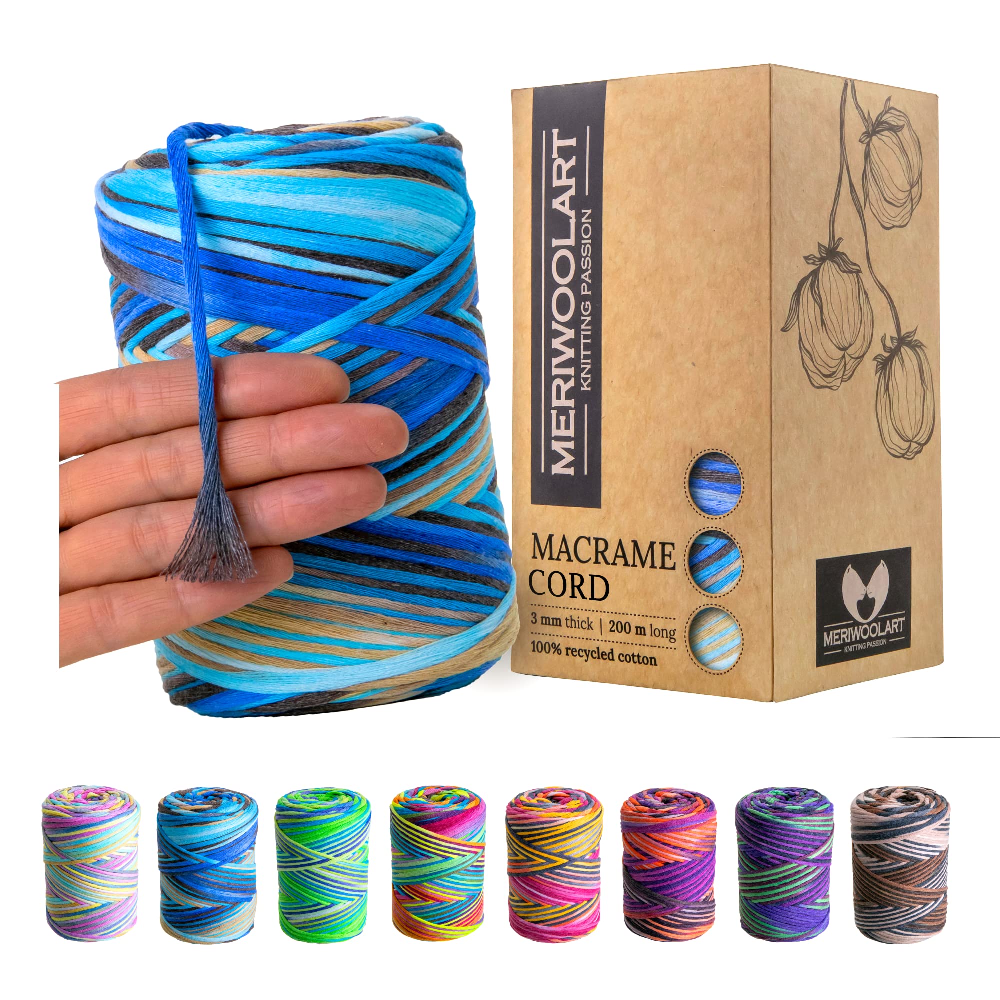 MeriWoolArt® Macrame Yarn 3 mm - 200 m Super Soft Single Twist Cord - Oeko-Tex 100% Recycled Cotton - Coloured for DIY Boho Decorative Projects