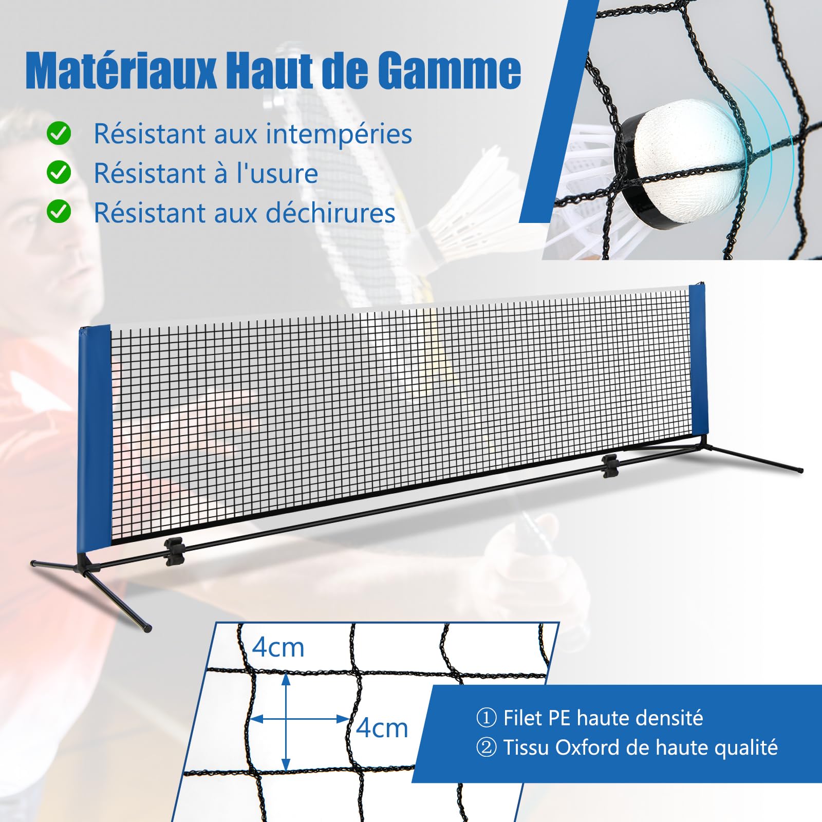 GOPLUS Filet de Badminton Portable, Filet de Tennis Réglable Hauteur avec Poteaux, Set de Filet de Pickleball avec Sac de Transport et 2 Bolants
