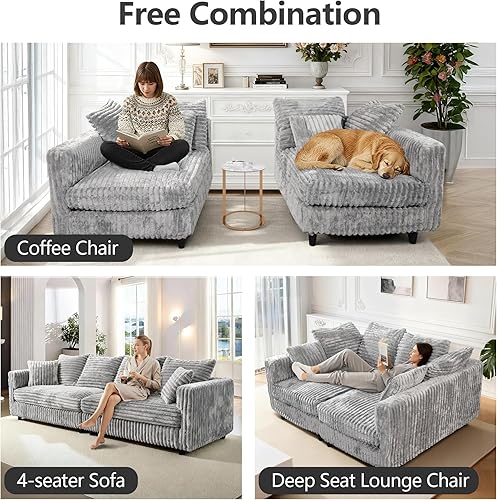 Miniatura 8 de Sofá modular Cloud de 104 pulgadas, sofá convertible de gran tamaño, sofá de pana de felpa con 6 almohadas suaves, sofás de espuma viscoelástica de