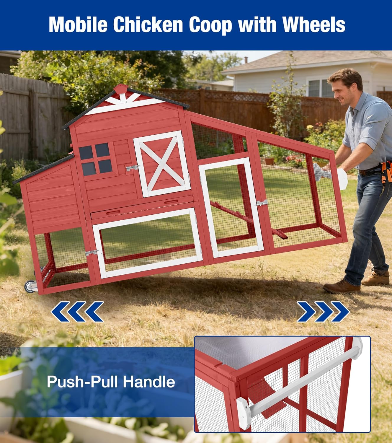 Mobile Chicken Coop with Run Outdoor Hen House with Slide-Out Tray Waterproof Roof Large Nesting Box 2 Perches Non-Slip Ramp Red
