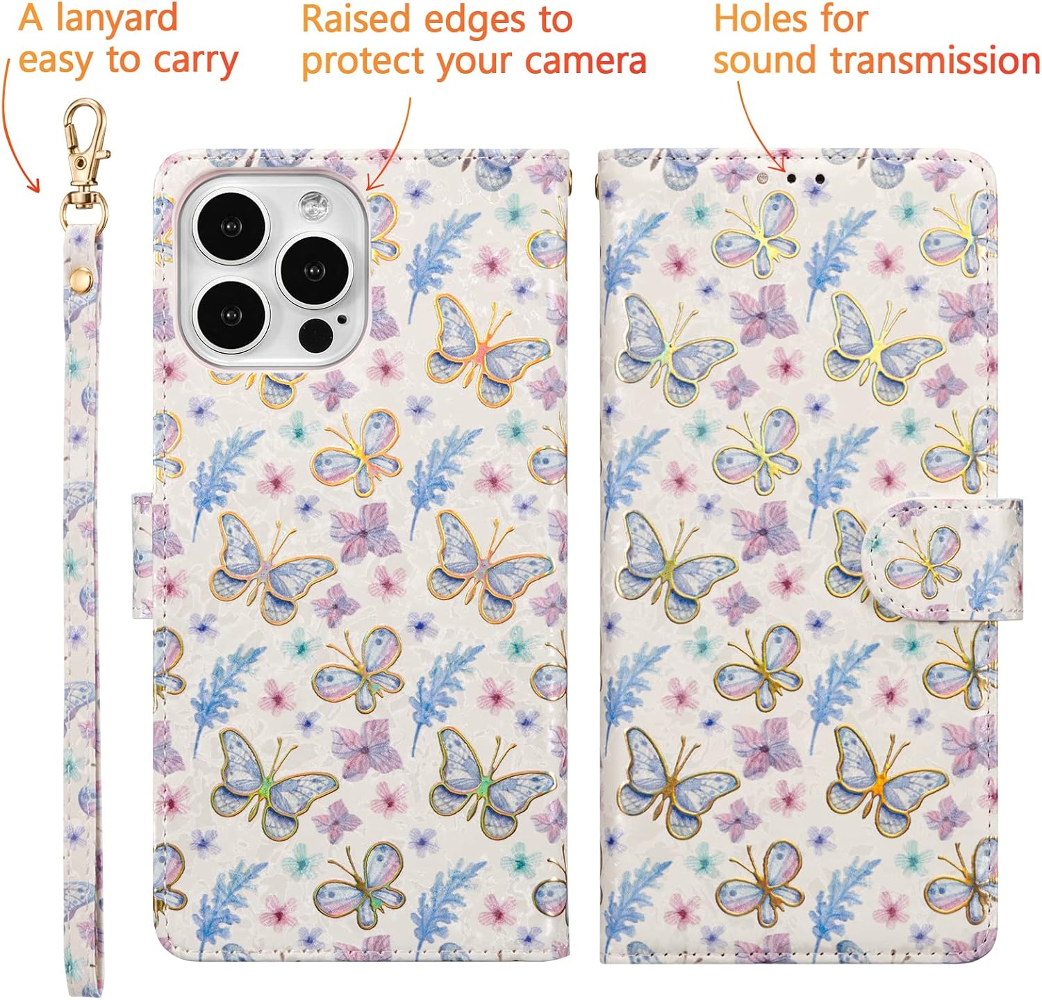 UEEBAI Wallet Case for iPhone 14 Pro Max 6.7 inch, PU Leather Phone Case Kickstand RFID Blocking Flip Case Card Slot Wrist Strap Relief Engraved Pattern Magnetic Closure Flower Folio Case, Butterfly - Image 7