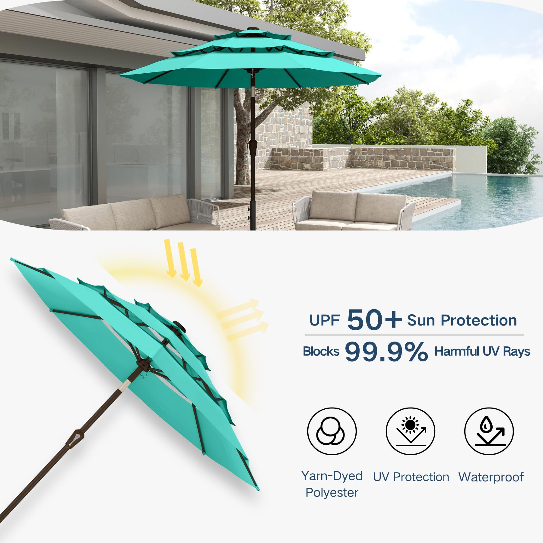 Patio Kingdom 10FT Patio Umbrella 3 Tiers Outdoor Market Umbrella w/Push Button Tilt, Crank, UV and Waterproof Table Umbrella for Garden, Pool, Backyard, Deck, Lawn, Turquoise Blue : Patio, Lawn