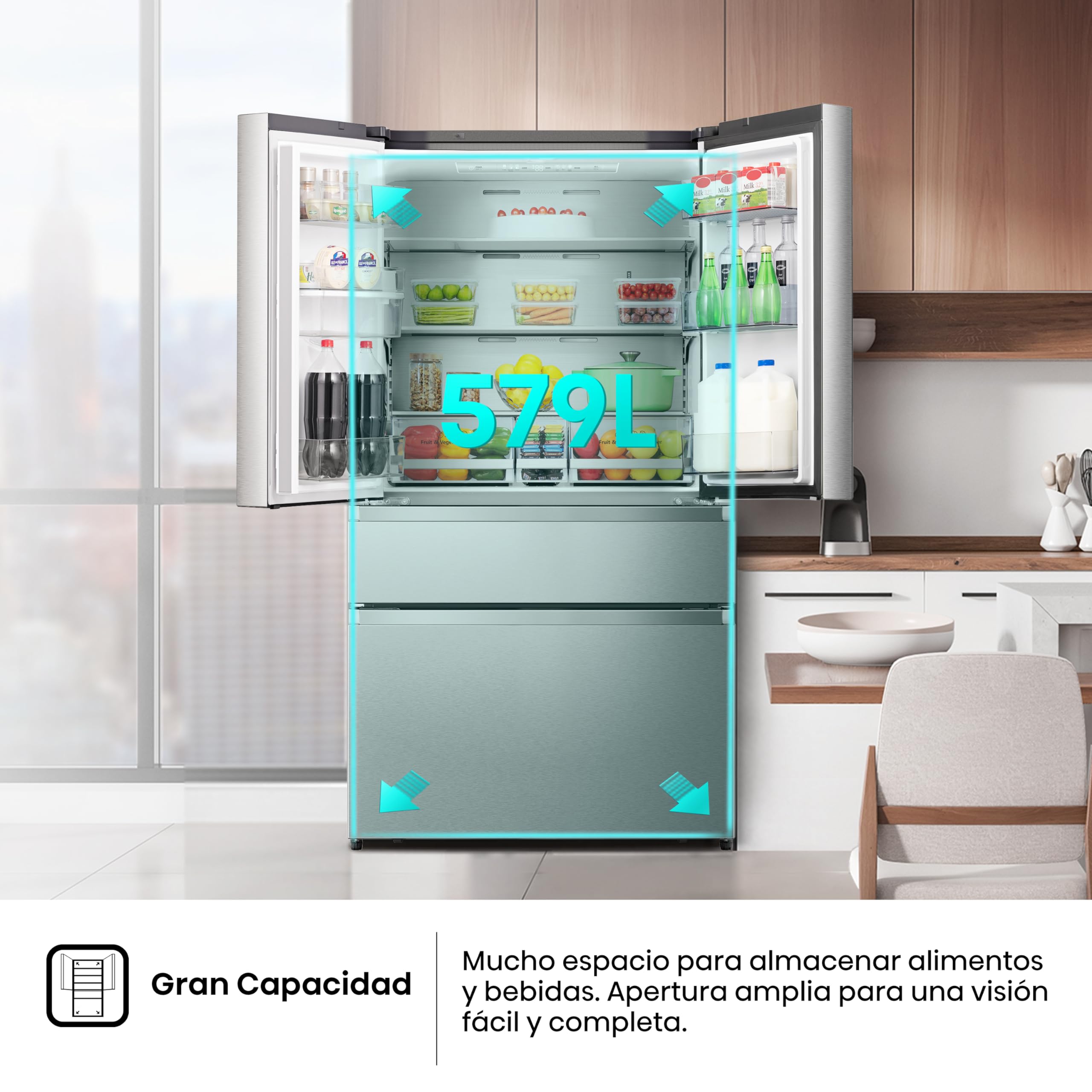 Hisense RF749N4SWSE - Frigorífico Americano,Conectividad Wifi No Frost, Inox Puerta Cajón Frances, Total No Frost, Capacidad Neta 579 L, 1.78 m,Silencioso