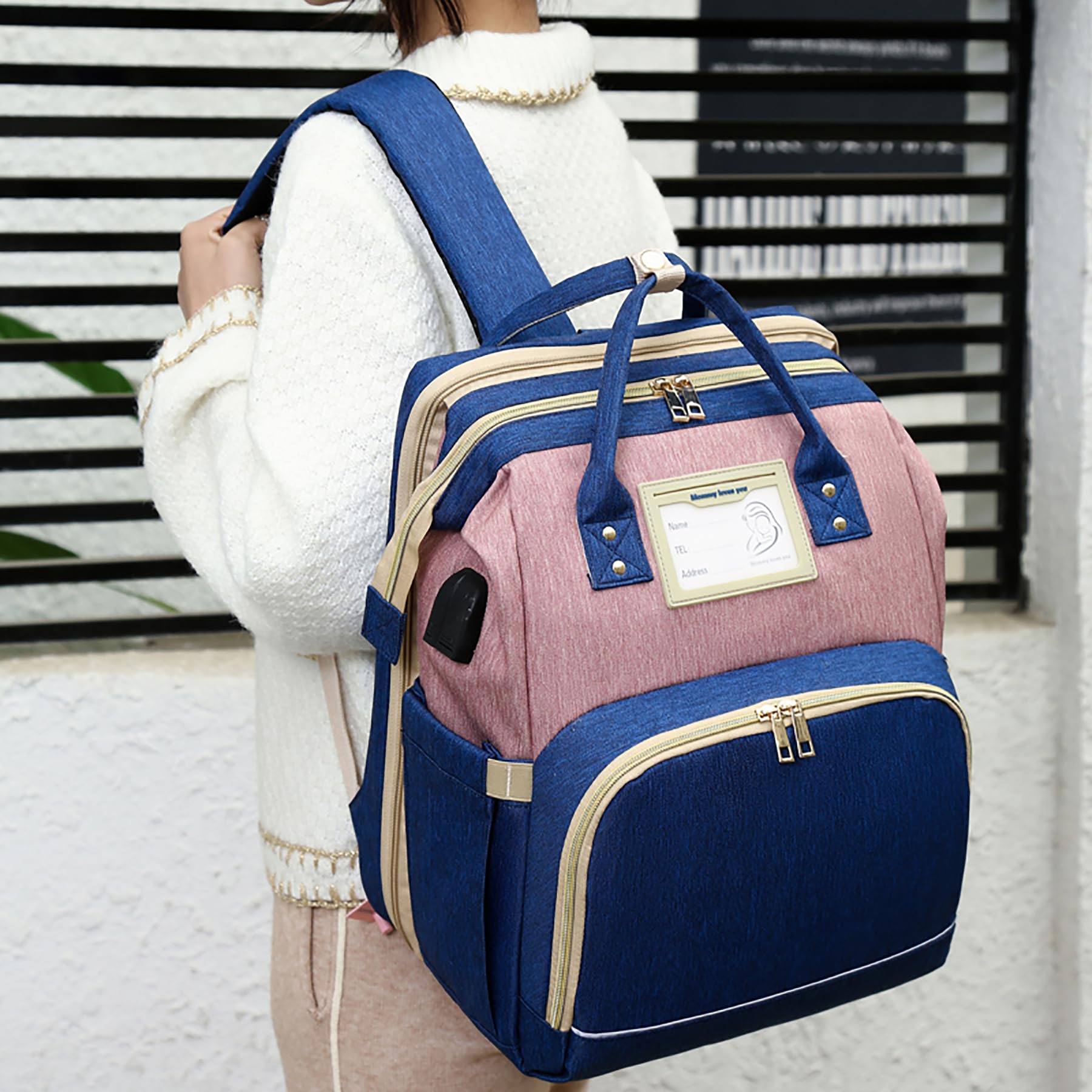AZOOKEN Borsa fasciatoio zaino multifunzione, borsa a tracolla per viaggi, shopping, campeggio, con letto, unisex, per mamme e papà, Blu e rosa., M