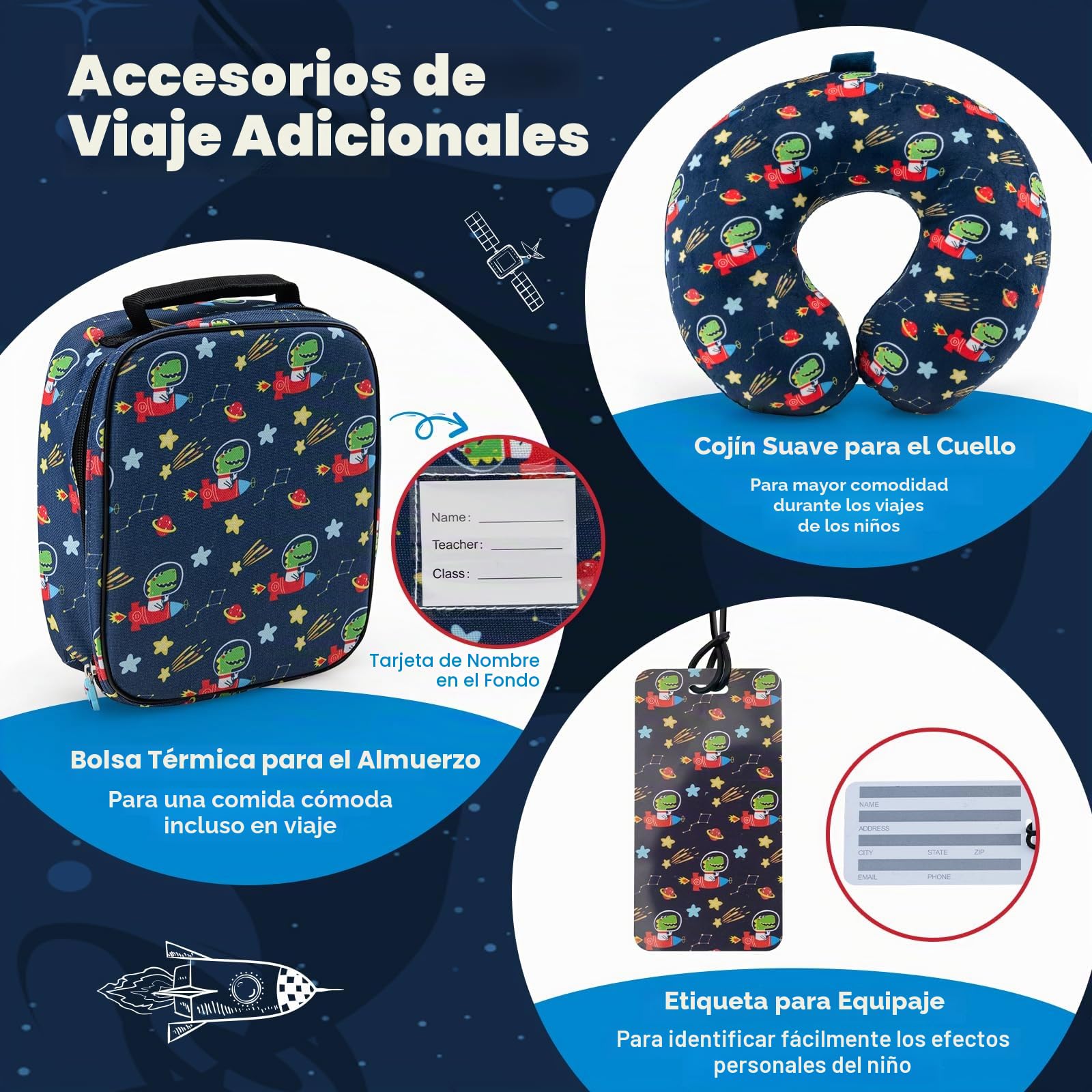 RELAX4LIFE Juego de Maleta para Niños de 5 Piezas con Maleta de Mano 38 cm, Mochila de 33 cm, Cojín para el Cuello, Bolsa de Almuerzo Aislada, Etiqueta, Maleta con Ruedas Rígidas, Negro