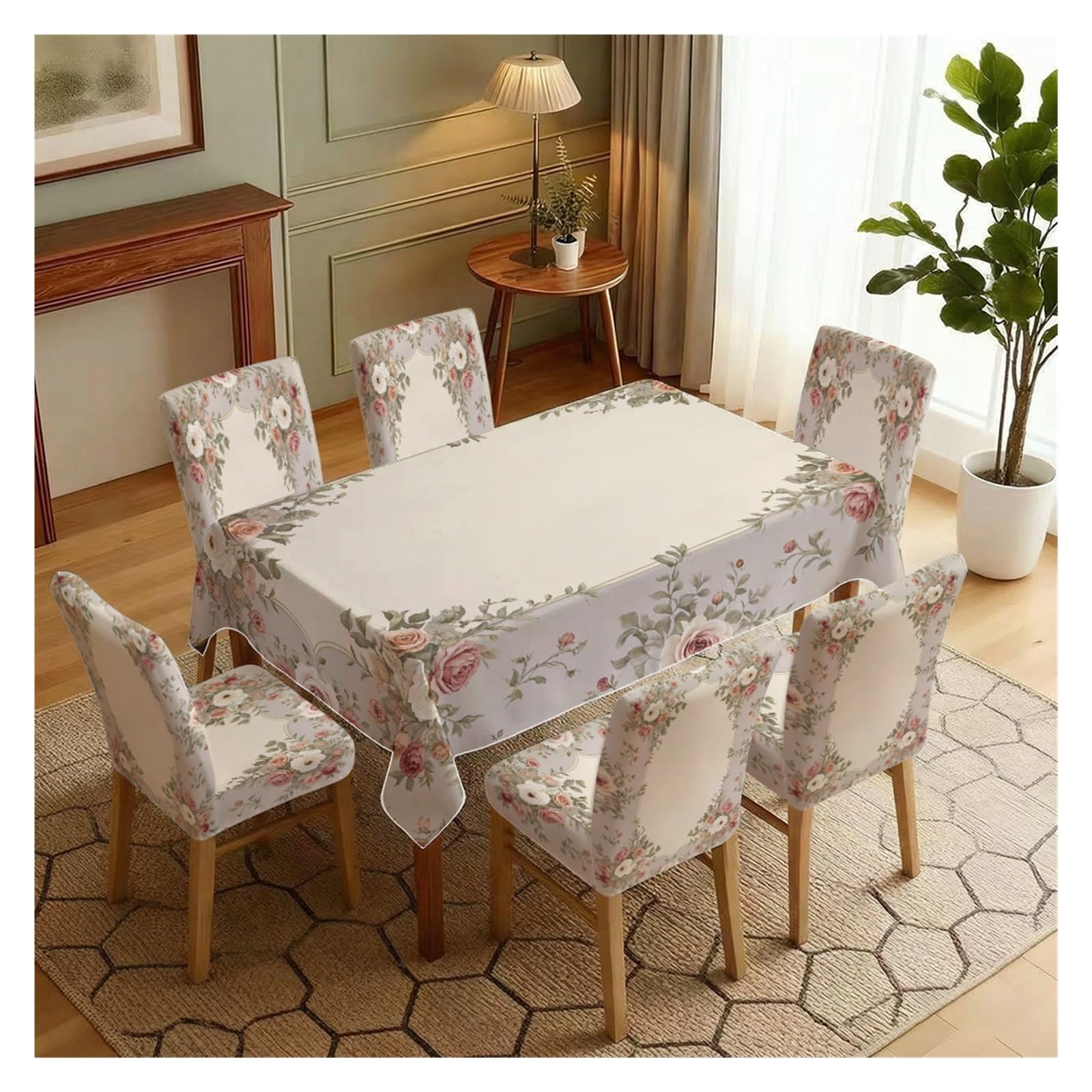 Vintage Muted Rose Arch Frame Dining Tablecloth Set, 5/7 Piece Floral Table Cover & Chair Covers For Cottage, Tea Room, Classic & Soft Home Gathering Table Setting(7pcs Set: Tablecloth+Chair Covers)