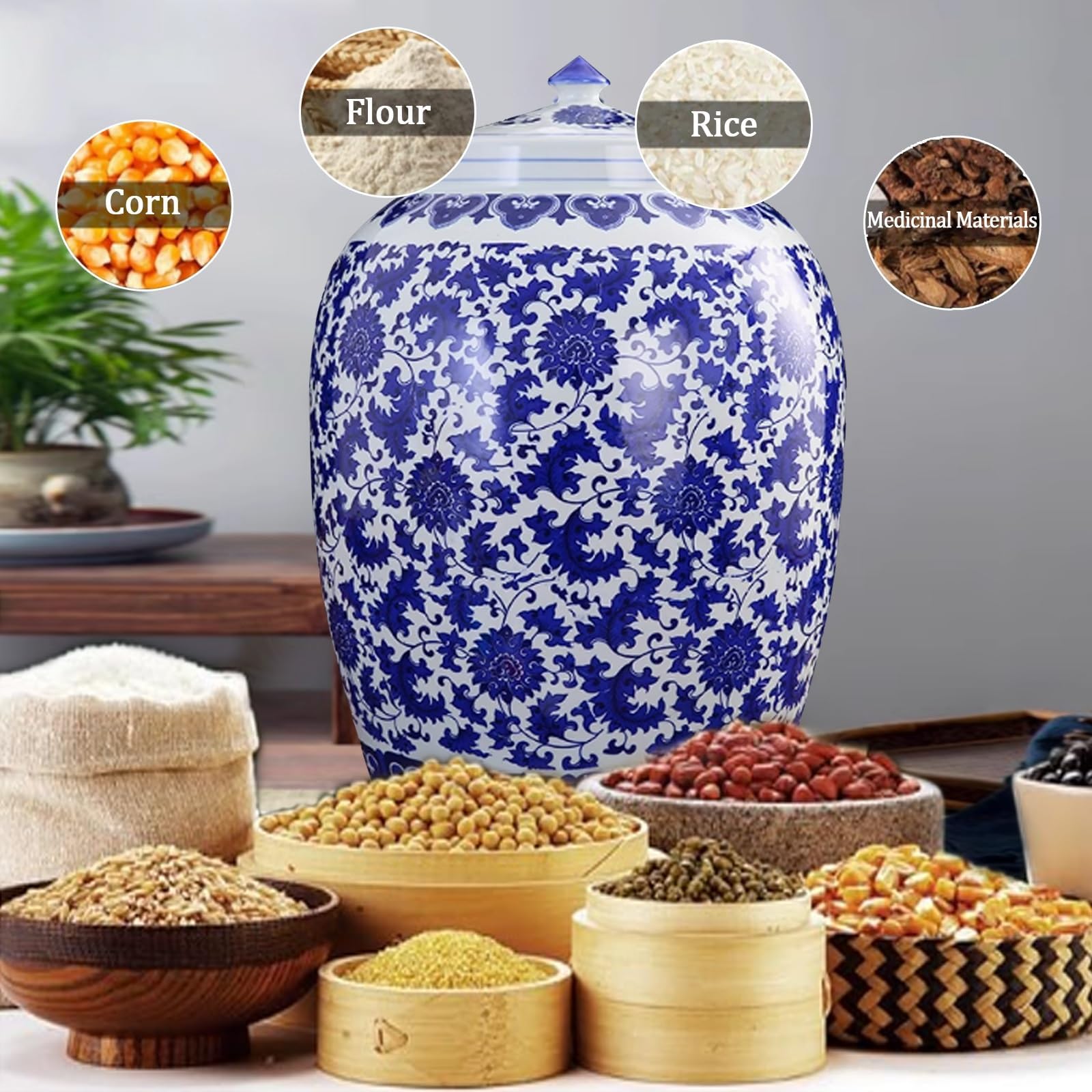 Récipient de stockage de riz en céramique 10 kg/15 kg/25 kg/50 kg, conteneurs de stockage de céréales en céramique, récipient de riz classique, boîte de rangement pour riz domestique avec couvercle