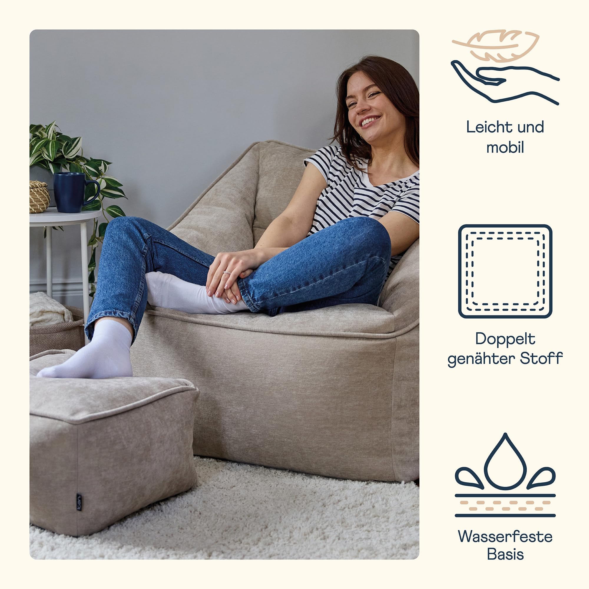 Icon Natalia Sitzsack Sessel mit Hocker für Erwachsene, Beige, Flauschiger Chenille Stoff, Riesen Sitzsack mit Füllung, Bean Bag Chair, Bequemer Sessel, Lounge, Schlafzimmer, Wohnzimmer Möbel