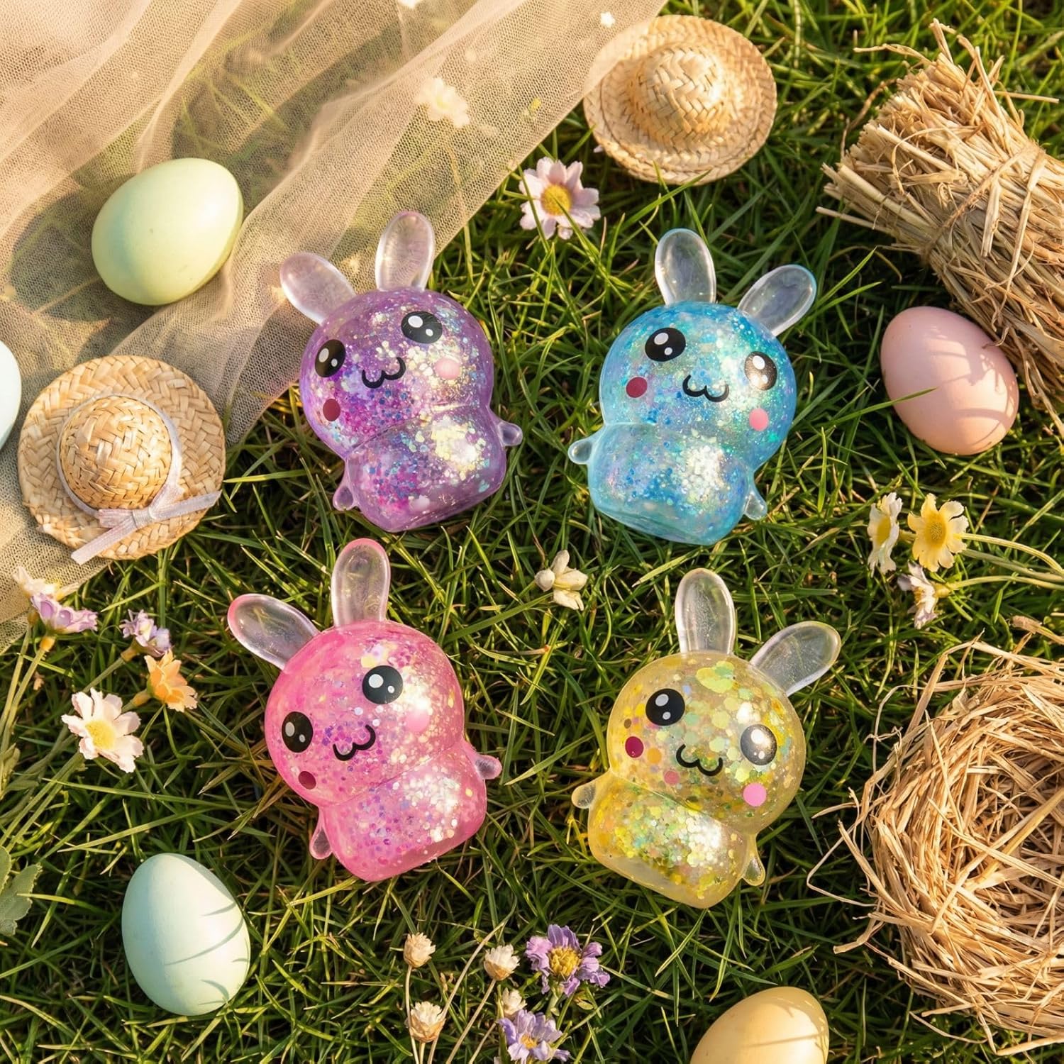 Easter Egg Fillers Squeeze Bunny Sugar Stress Balls, Bunny Sugar Ball Fidget Toys, Glitter Rabbit Squeeze Toys for Adults,Cute Rabbit Sensory Squishies, Easter Basket Stuffers