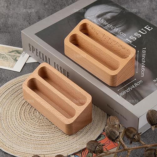 Miniatura 2 de AUEAR, Paquete de 2 tarjeteros de madera para tarjetas de visita con 2 rejillas para escritorio de oficina