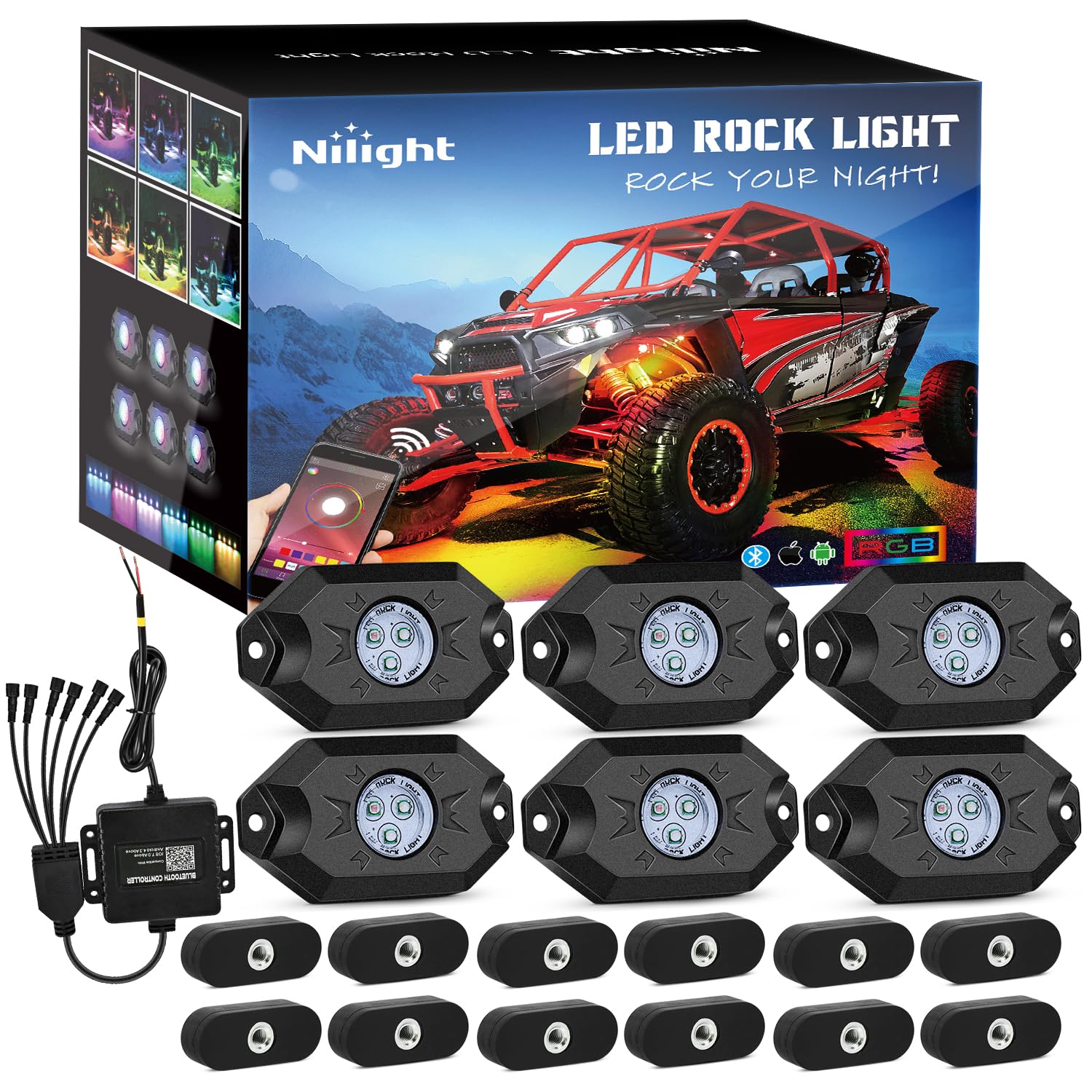 Nilight RGB LED Rock Lights Kit 6PCS Bluetooth App Control Multicolor
