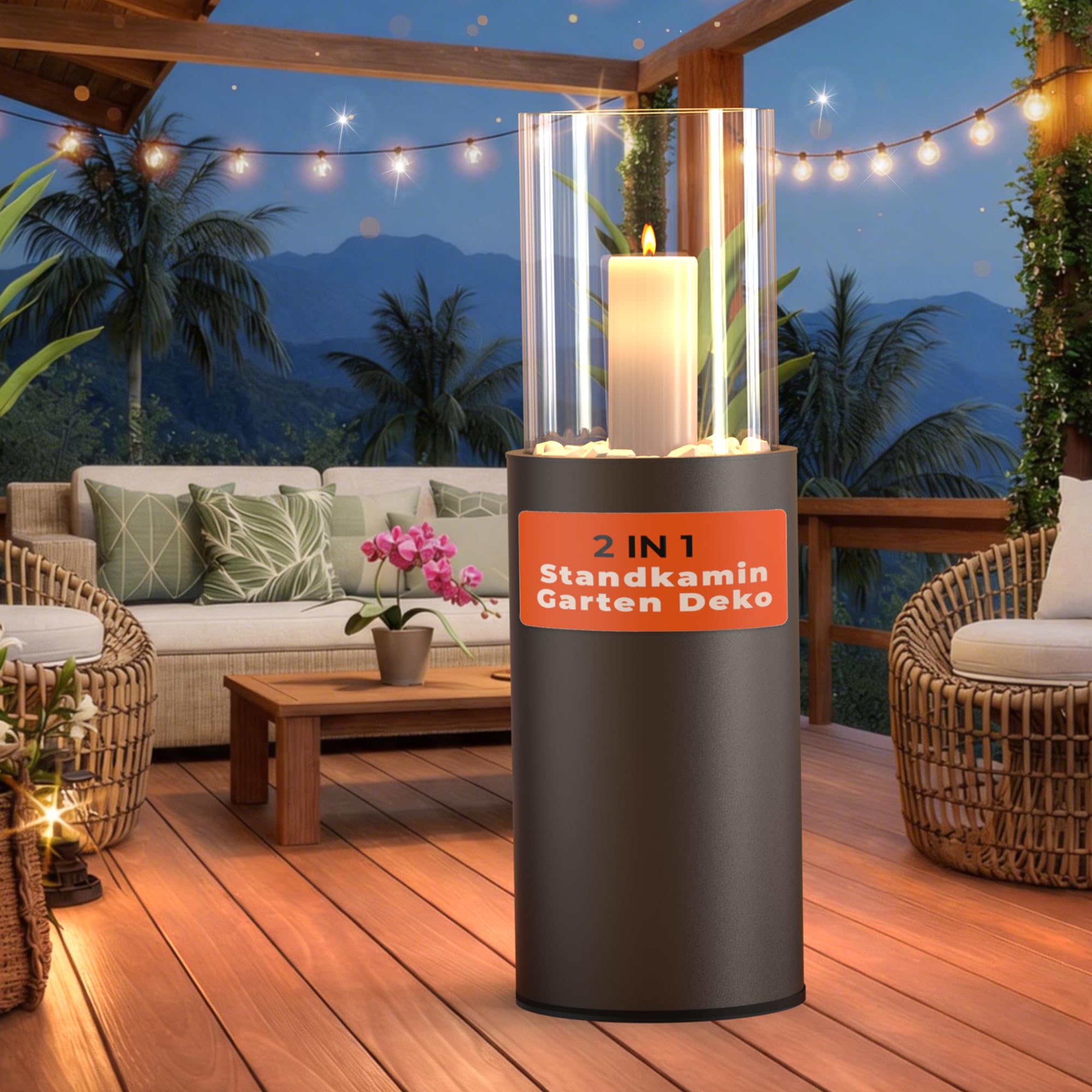 Standkamin Garten Deko Windlichtsäule für draußen und drinnen 2IN1 Laternen für Draußen Groß 81CM Terrassen Deko Stahl Windlicht Outdoor Rauchfrei Kerzenständer