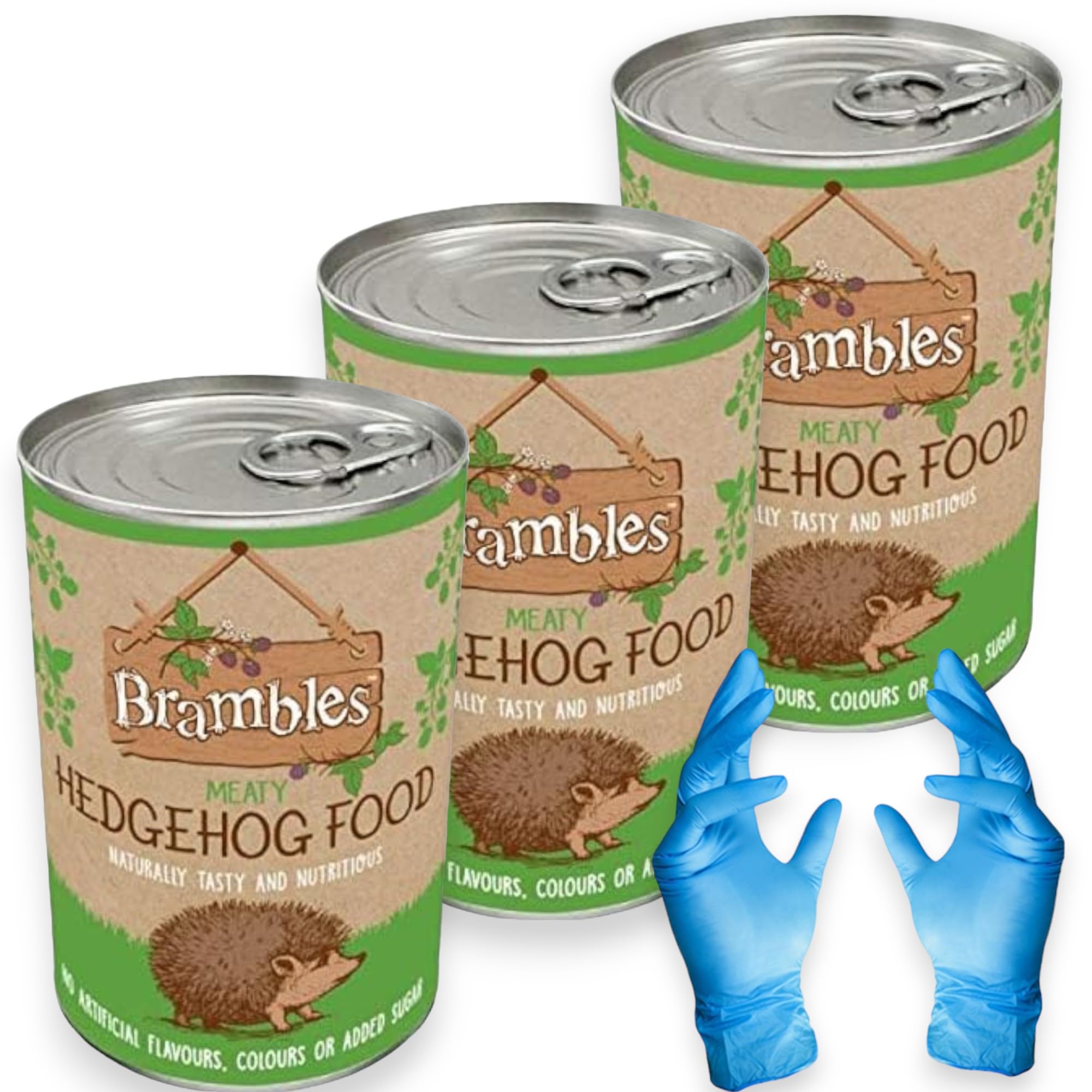 Brambles Meaty Hedgehog Food - Also Suitable for Wild Badgers and Foxes -Balanced Nutritious & Naturally Tasty Food 400g with Kasabona Blue Vinyl Gloves (400g x3) — image 1
