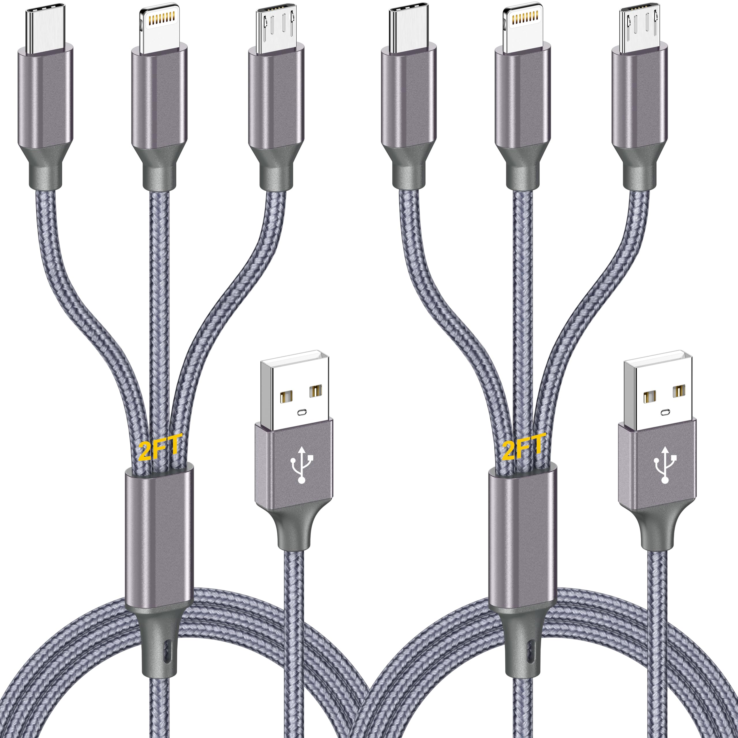 Wielofunkcyjny kabel do ładowania (60 cm, 2 sztuki), kabel USB 3 w 1 do wielu urządzeń, pleciony uniwersalny kabel do ładowania telefonu komórkowego z typem C/USB-C, micro USB, złącze IP do iPhone 17