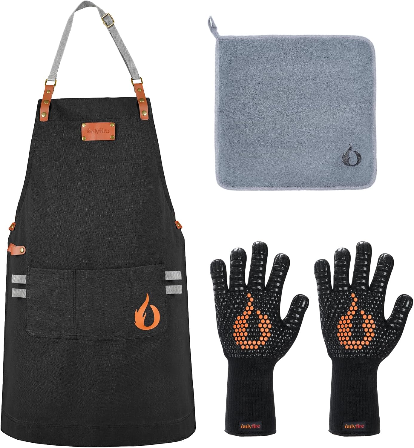 onlyfire 3 PCS Kitchen Tool Kit, Heat Resistant BBQ Gloves, Adjustable Apron with 2 Pockets and Microfibre Cleaning Cloth, Barbecue Accessories Set for Indoor & Outdoor Cooking & Grilling onlyfire 3 PCS Kitchen Tool Kit, Heat Resistant BBQ Gloves, Adjustable Apron with 2 Pockets and Microfibre Cleaning Cloth, Barbecue Accessories Set for Indoor & Outdoor Cooking & Grilling