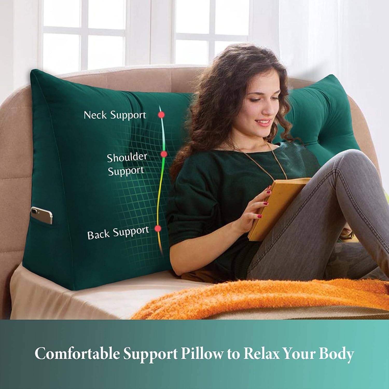 Large Headboard Pillow Wedge Bed Rest Reading Pillow Daybed Pillows Triangular Headboard Wedge Pillows Bolster Gap Filler Triangle Back Cushion Long Wedge Pillow Velvet Queen Cyan