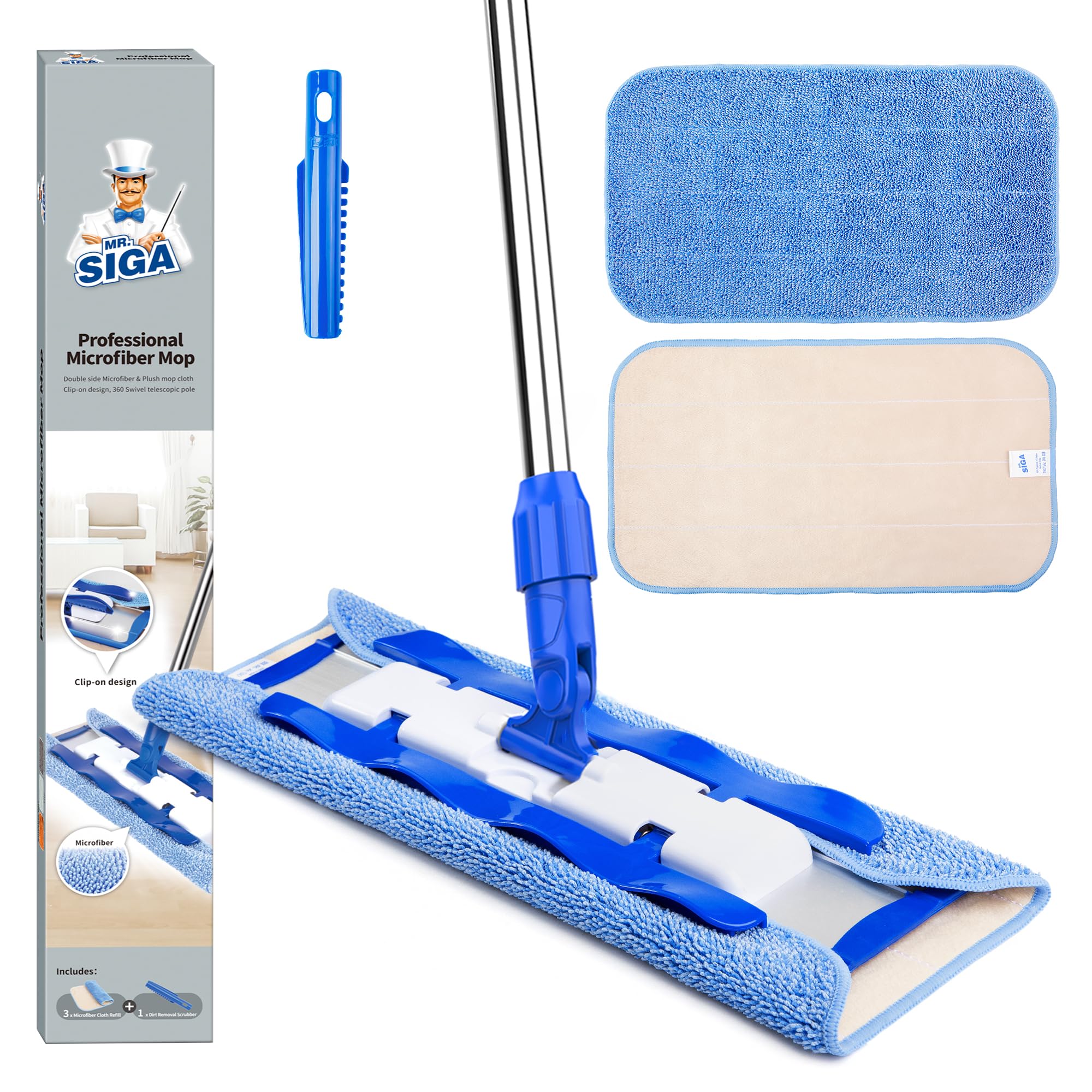 MR.SIGA Professional Microfiber Mop for Hardwood, Laminate, Tile Floor Cleaning, Stainless Steel Telescopic Handle - 3 Reusable Flat Mop Refills and 1 Dirt Removal Scrubber Included