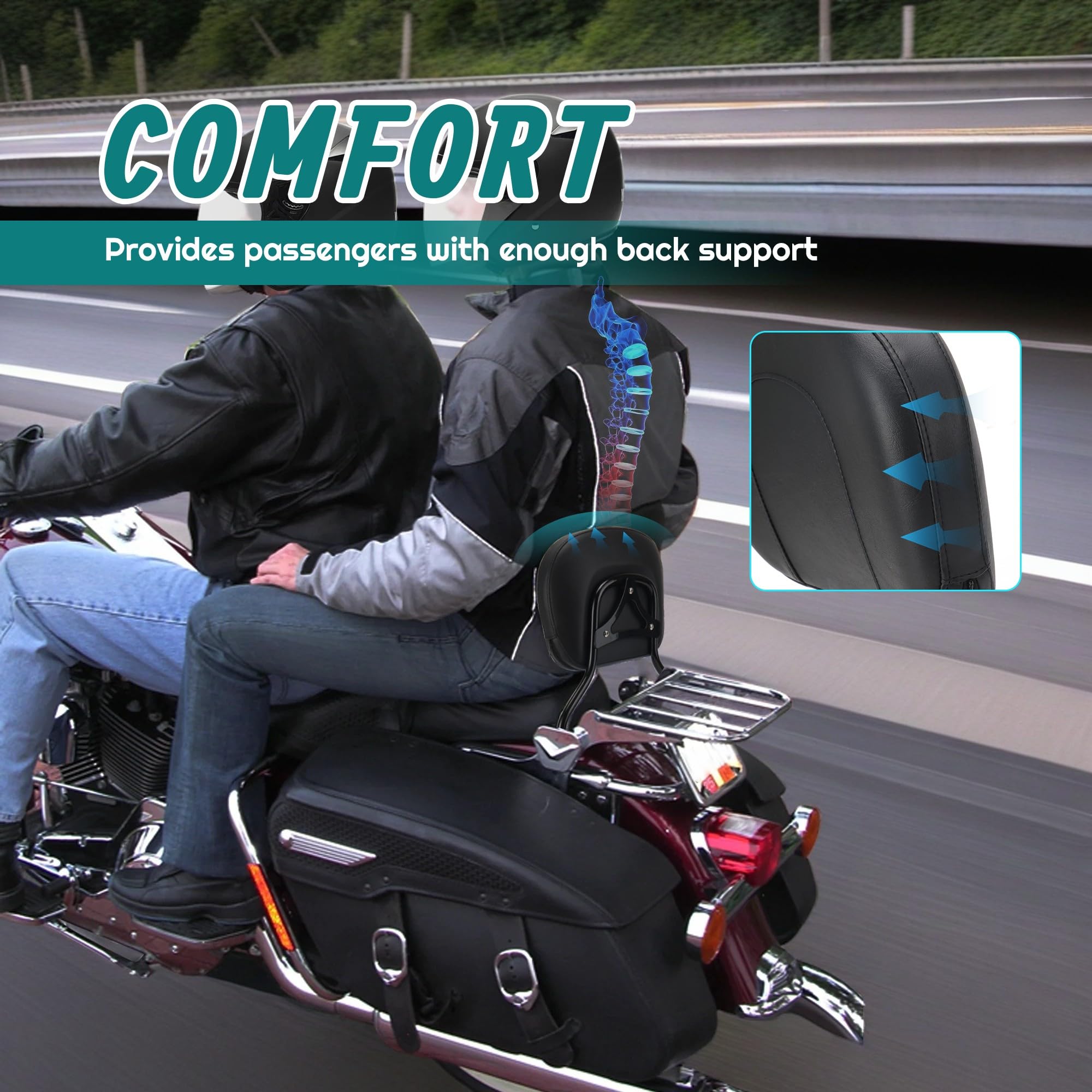 AUFER Detachable Backrest Sissy Bar Upright Passenger Backrest W/Pad Compatible For Touring Road King Street Glide Electra Glide Road Glide FLHR FLHX - View #4