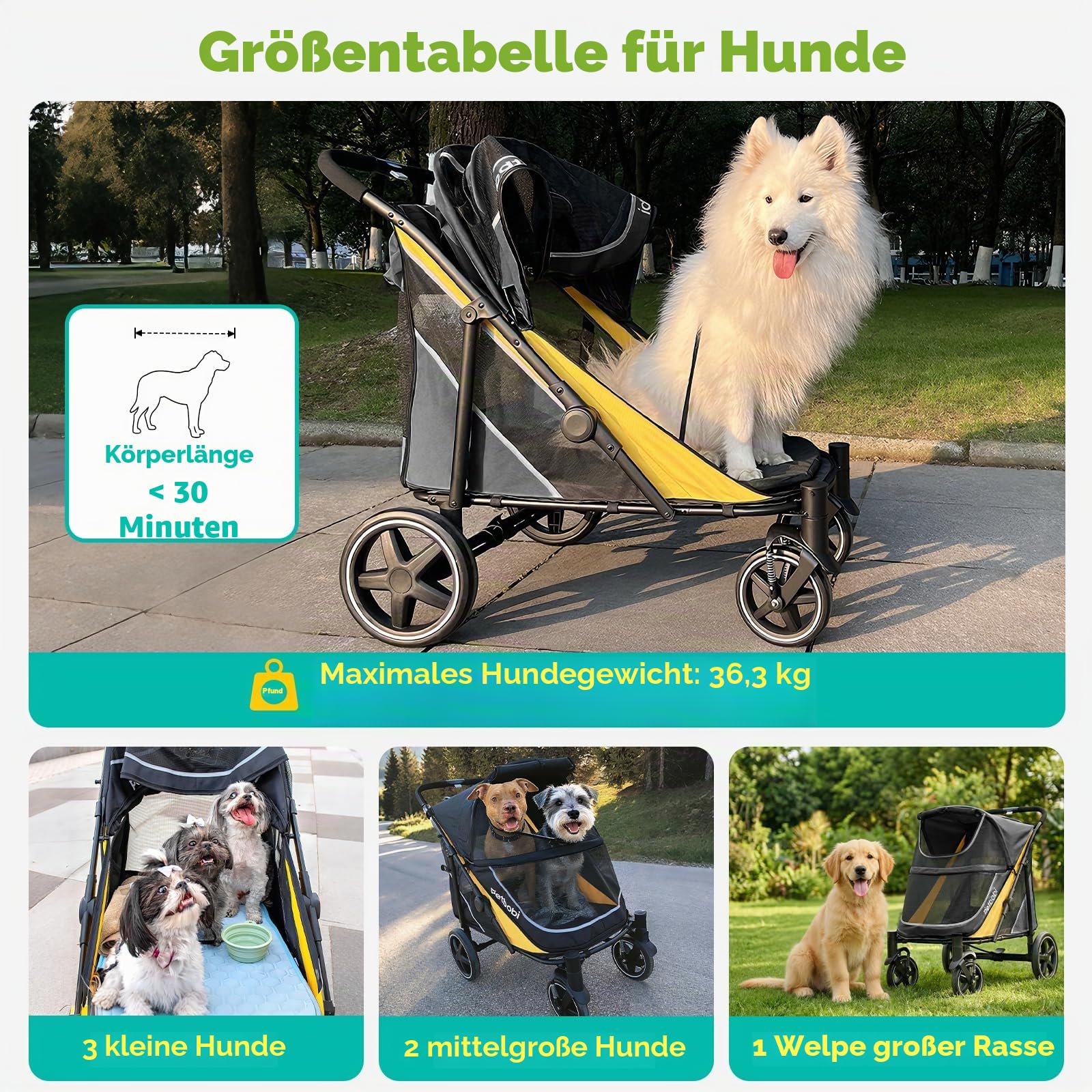Petbobi Hundekinderwagen für mittelgroße und große Hunde, leicht zusammenklappbar, Doppel-Einstieg, Fußbremse, All-Terrain mit Luftnetz, ideal für ältere Haustiere bis 36 kg, Schwarz