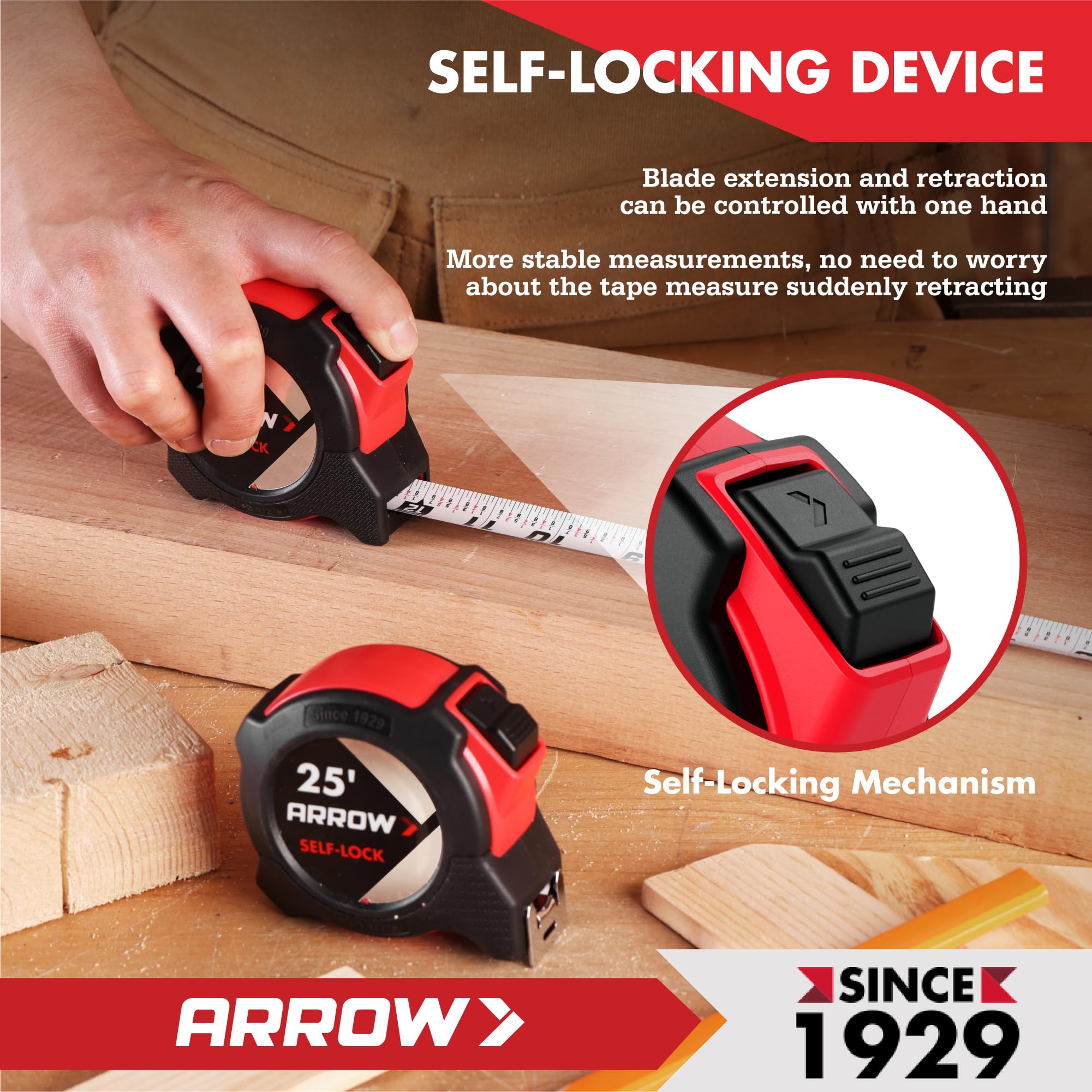 Arrow 25FT Auto-Lock Tape Measure, Easy Read Double Sided Measuring Tape — Amazon image 5