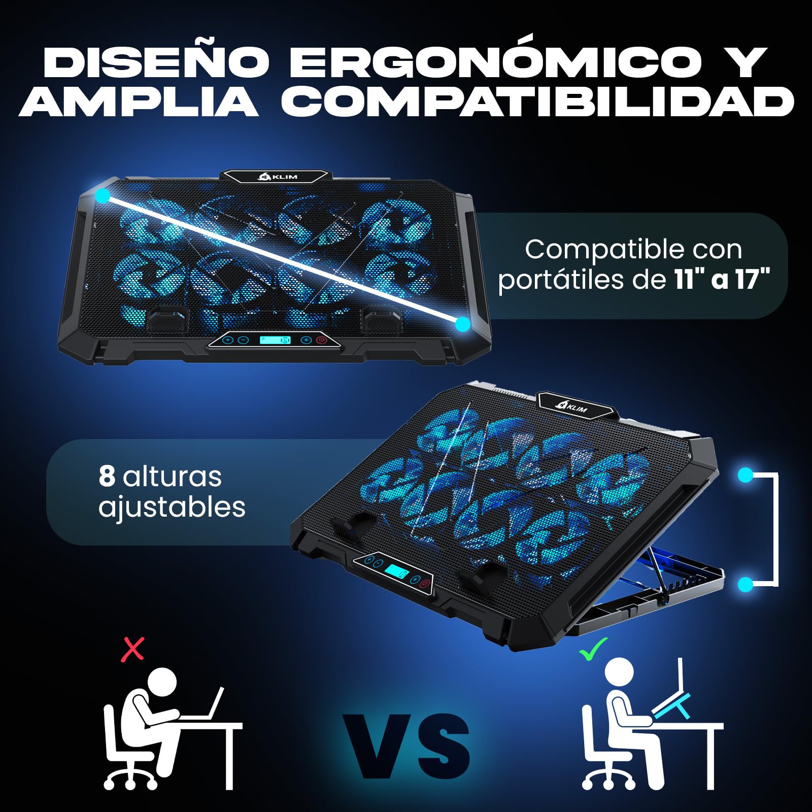 KLIM V8 Base Refrigeradora para Portátil Gaming con 8 Ventiladores + Nuevo + Soporte RGB Estable para Portátil con Ventilador + Compatible hasta 17" + 2 Puertos USB + Soporte para Teléfono